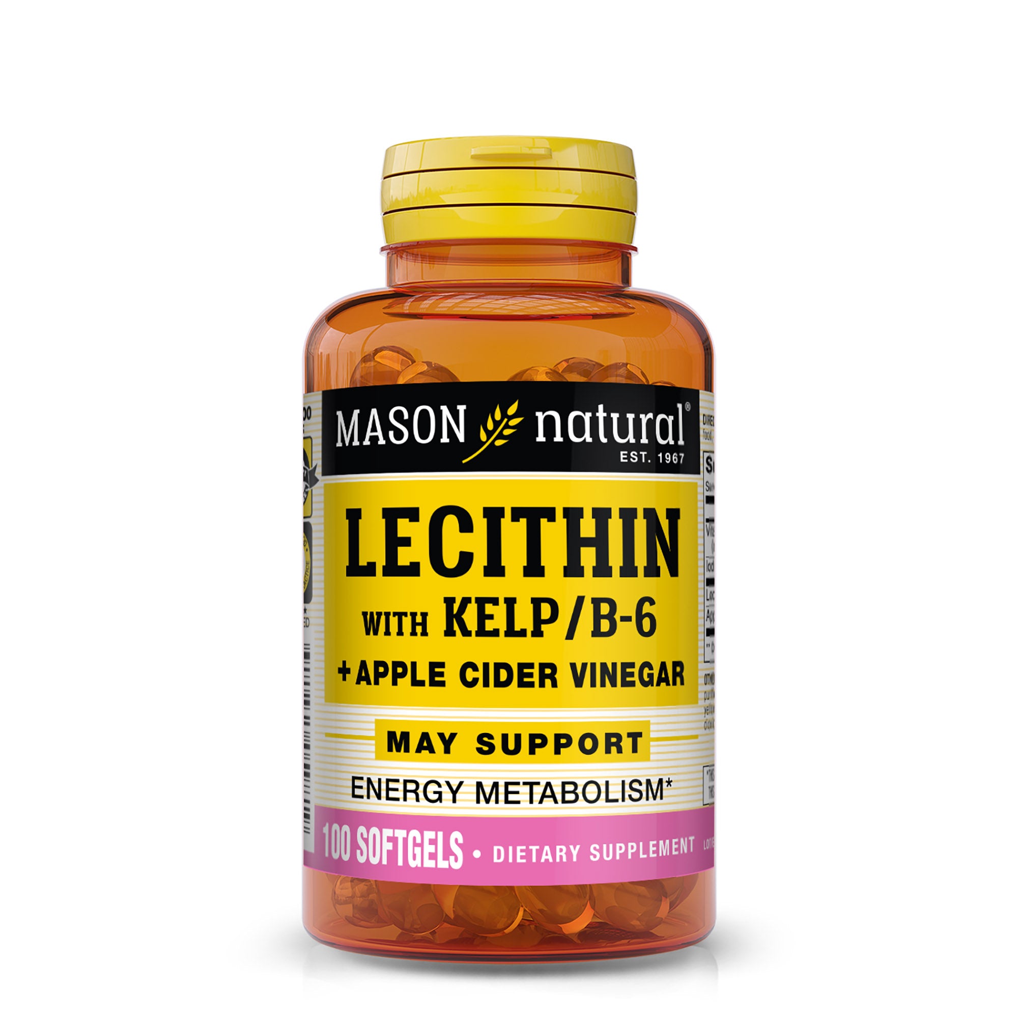 Лецитин з водоростями, Вітаміном B6 та яблучним оцтом, Lecithin With Kelp/Vitamin B 6 Plus Cider Vinegar, Mason Natural, 100 гелевих капсул