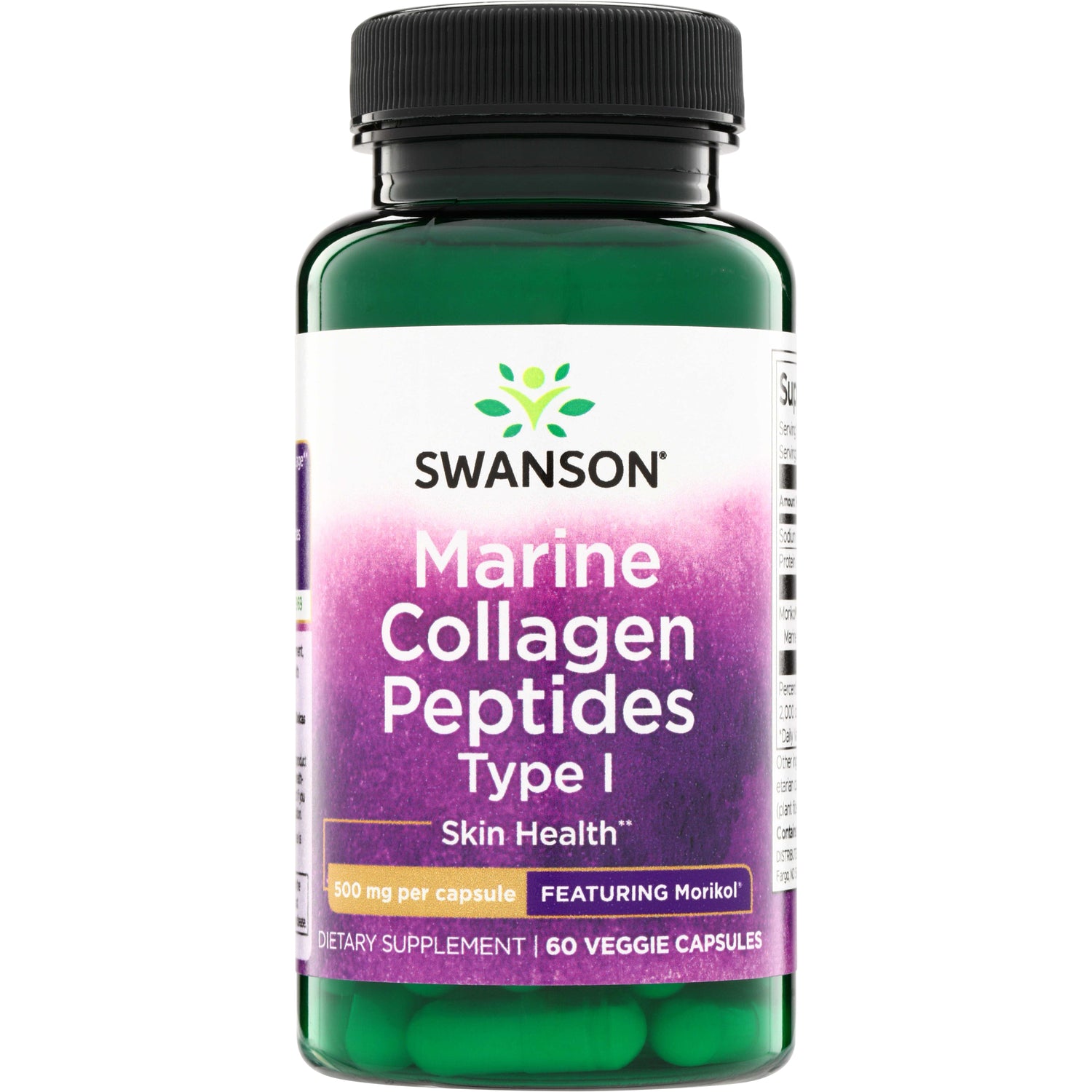 Пептиди морського колагену I типу, Swanson Marine Collagen Peptides Type I Featuring Morikol, 500 мг, 60 вегетаріанських капсул