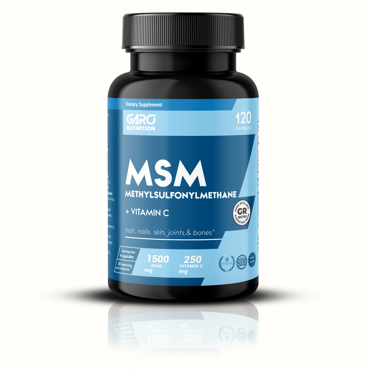 МСМ з вітаміном С для суглобів, волосся та шкіри, Garo Nutrition MSM, 1500 мг, 120 капсул