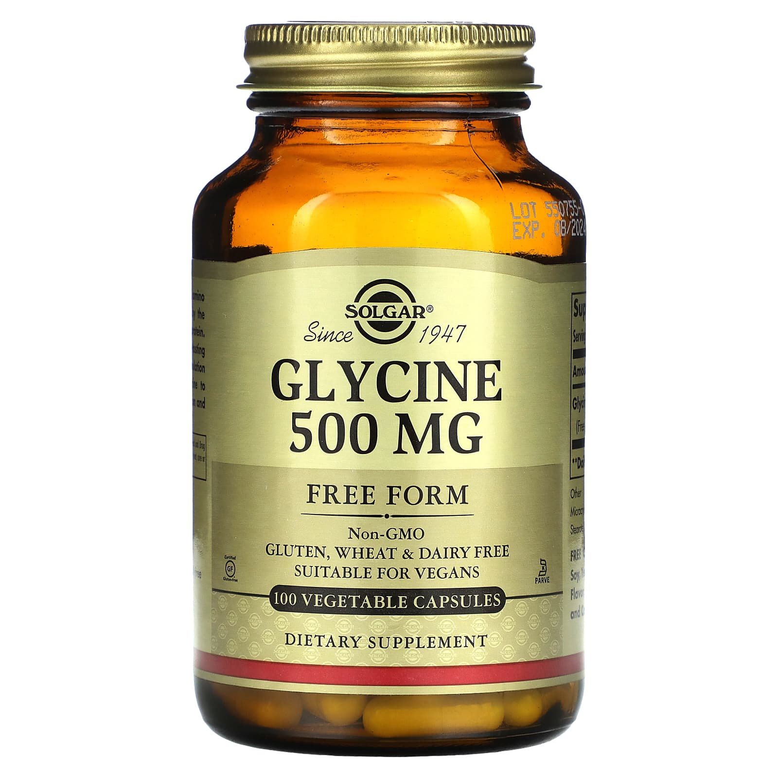 Гліцин, Glycine, Solgar, 500 мг, 100 рослинних капсул