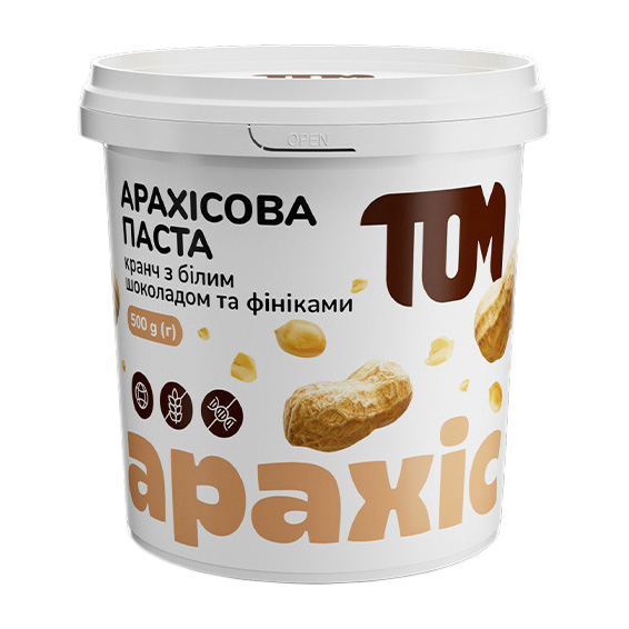 TOM peanut butter Арахісова Паста (500 g, кранч з фініками та білим шоколадом)