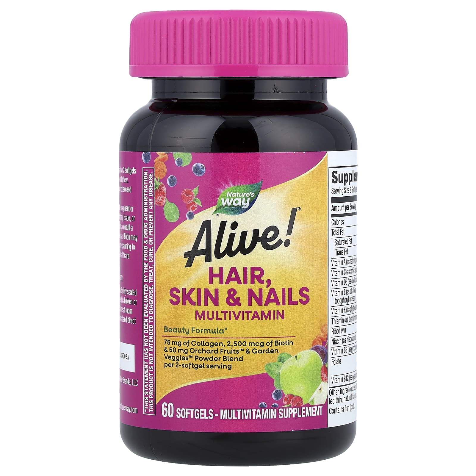 Мультивітаміни для волосся, шкіри та нігтів, Nature's Way Alive! Hair, Skin & Nails Multi-Vitamin, 60 м'яких капсул (Полуниця)