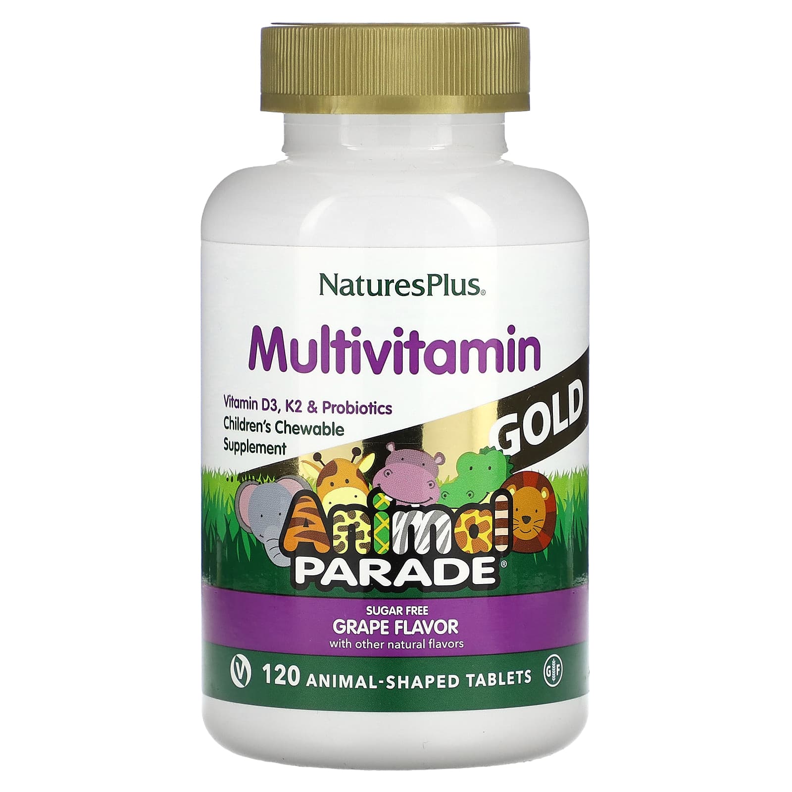 Мультивітаміни та мінерали для дітей, Natures Plus Animal Parade Gold Children's Chewable Multi-Vitamin & Mineral, 120 жувальних таблеток (Виноград)