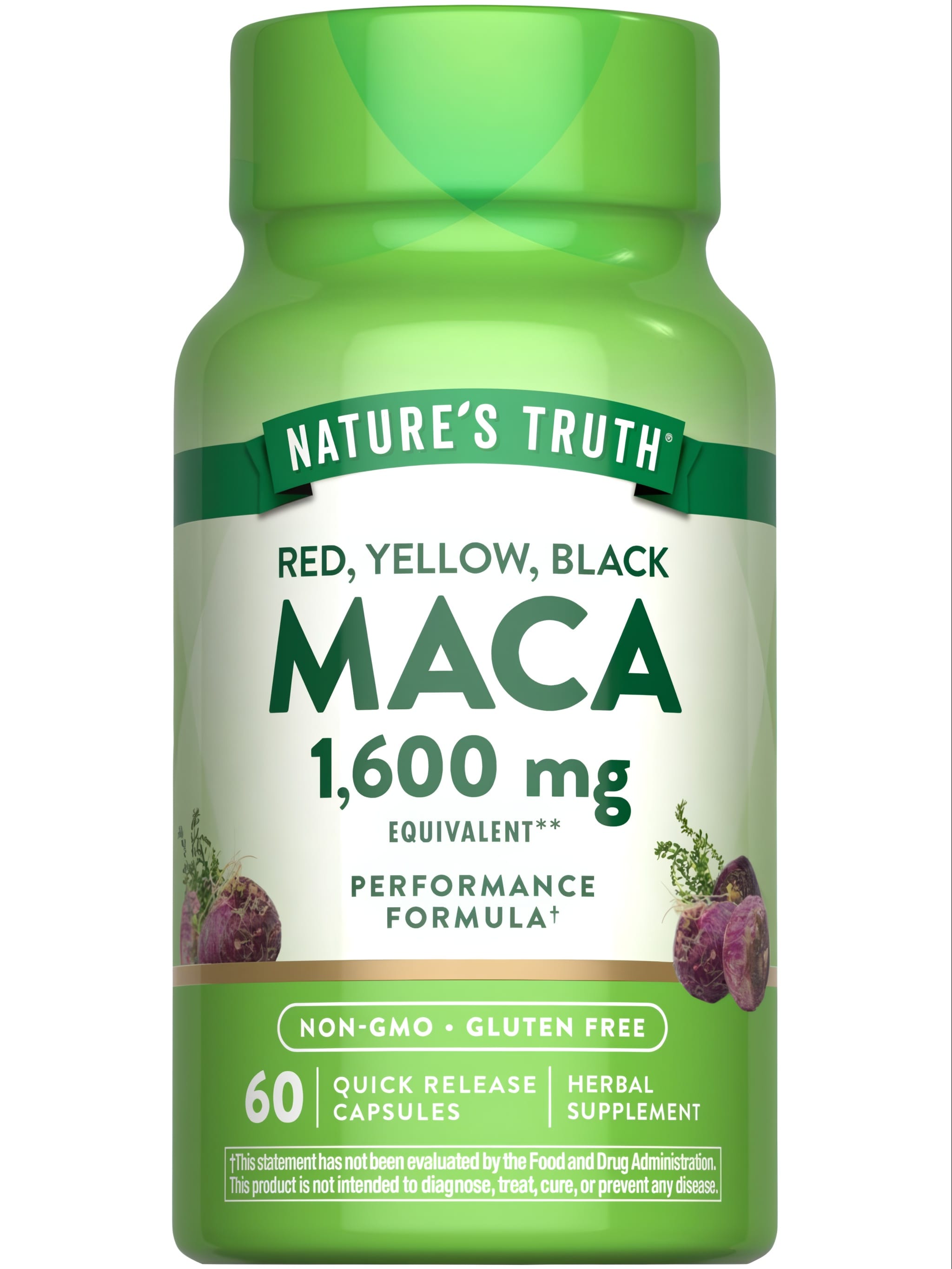 Мака, Maca, Nature's Truth, червона, жовта, чорна, 1600 мг, 60 капсул швидкого вивільнення