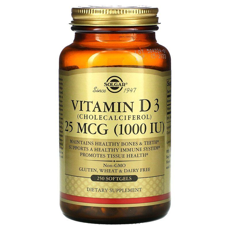 Вітамін D3, Solgar Vitamin D3, 1000 МО, 250 м'яких капсул