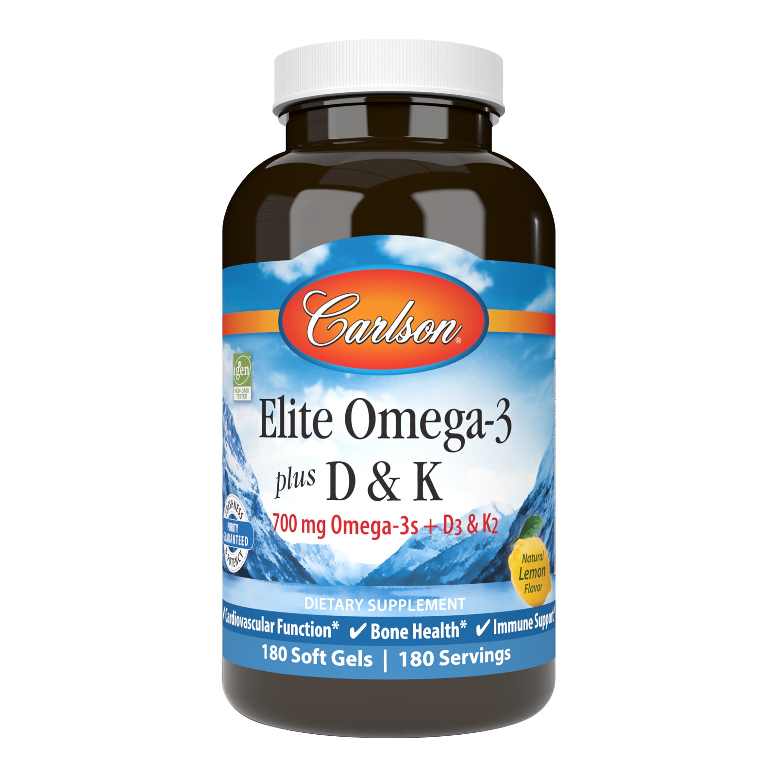 Омега-3 з вітамінами D3 та К, Carlson Labs Elite Omega-3 Plus D&K, 700 мг, 180 м'яких капсул (Лимон)