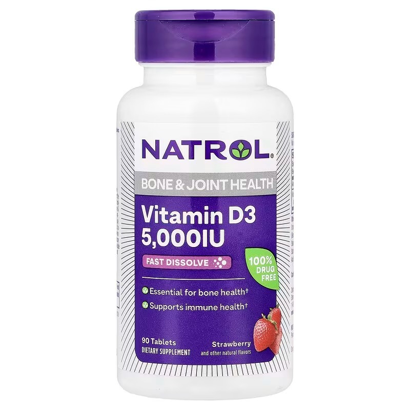 Вітамін D3, Natrol Vitamin D3 Fast Dissolve, 5000 МО, 90 таблеток (полуниця)