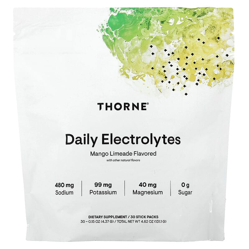Електроліти, Daily Electrolytes, Thorne, смак манго-лайм, 30 пакетиків-стиків (4,37 г кожен)