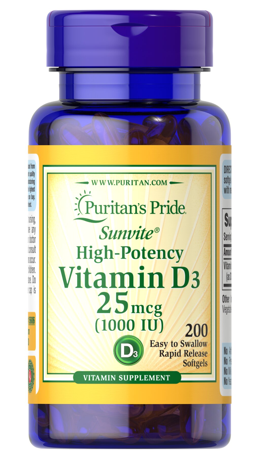 Вітамін D3, Puritan's Pride Vitamin D3, 1000 МО, 200 м'яких капсул