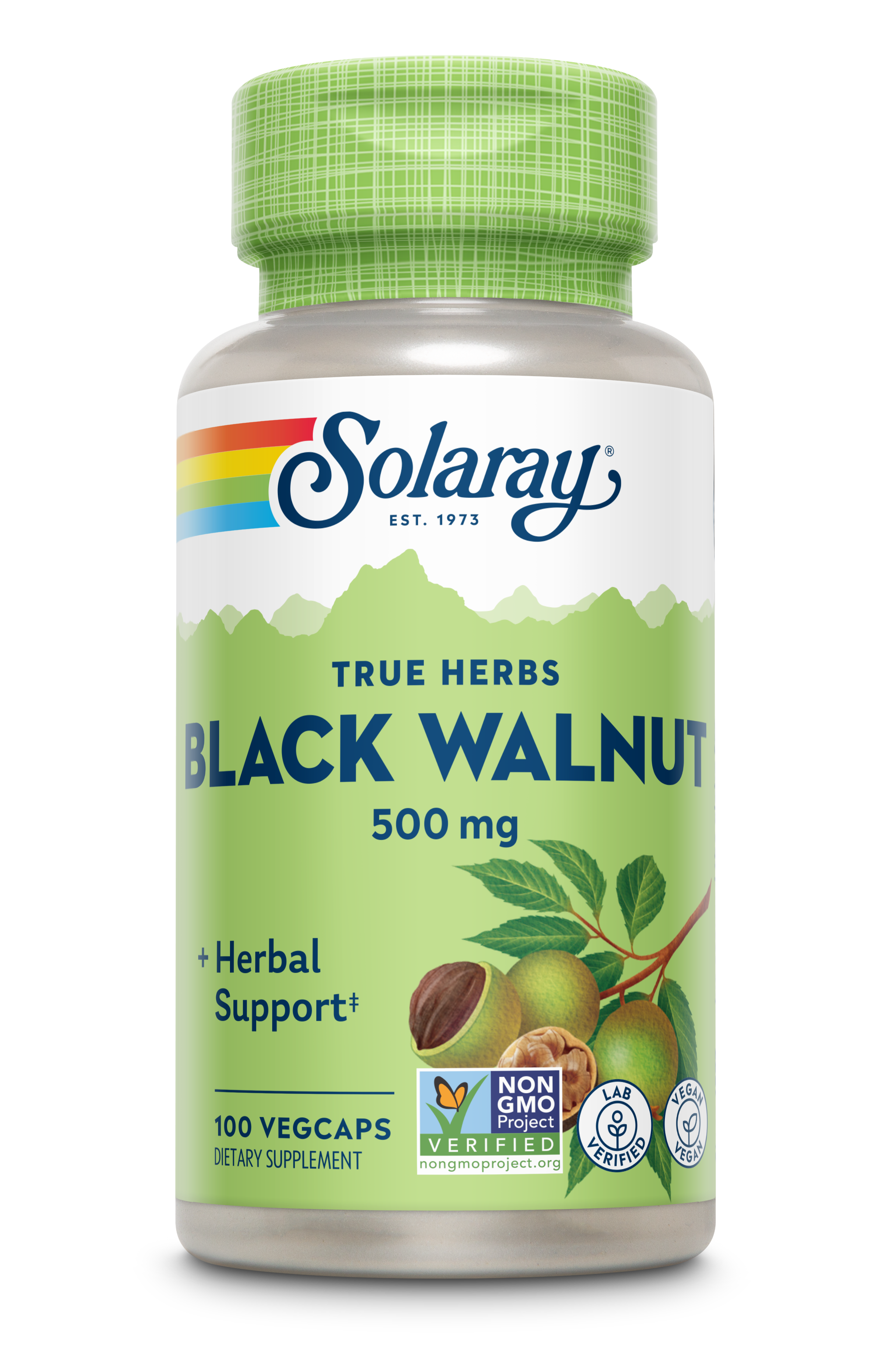 Чорний горіх, Solaray True Herbs Black Walnut, 500 мг, 100 вегетаріанських капсул