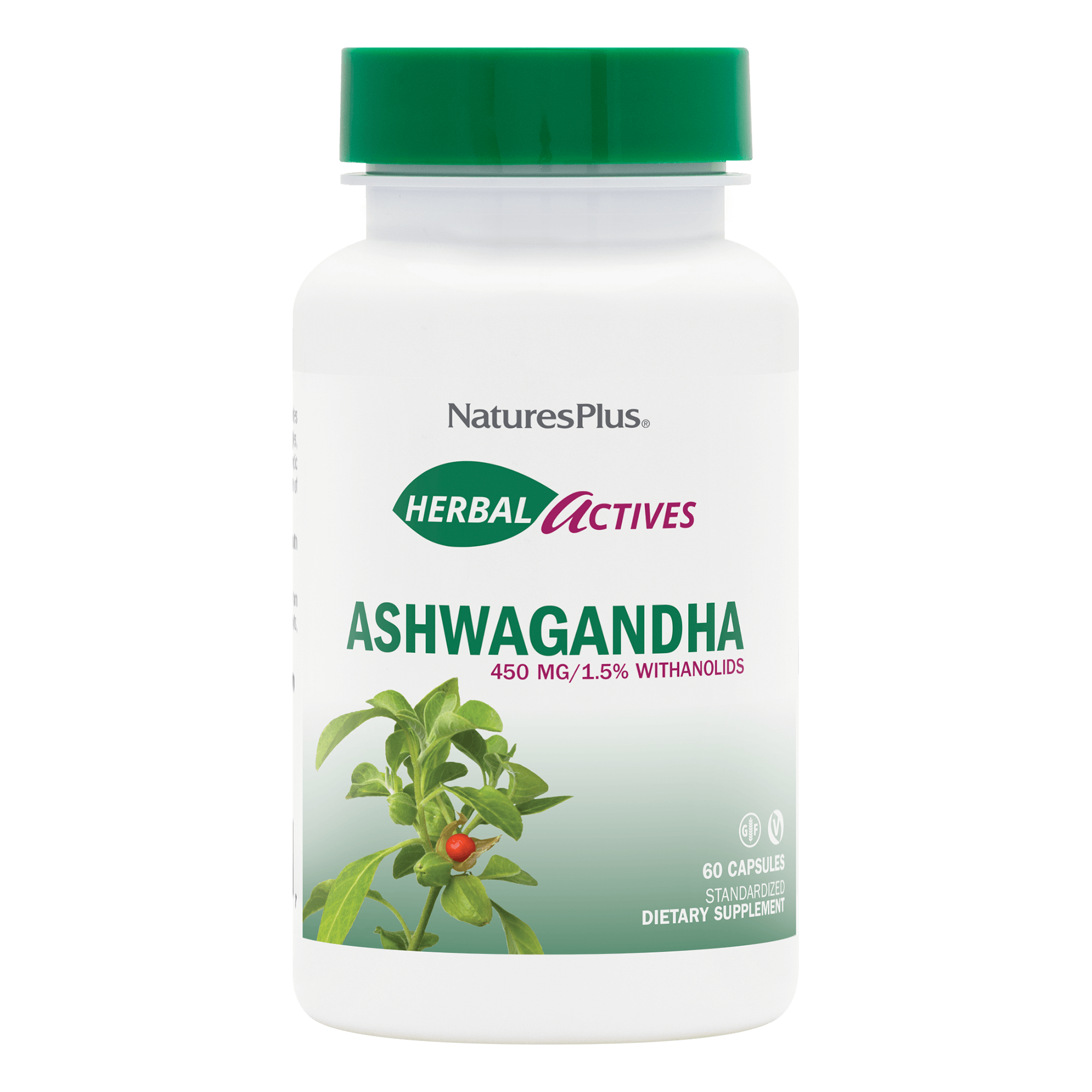 Ашваганда, Natures Plus Ashwagandha Herbal Actives, 450 мг, 60 вегетаріанських капсул