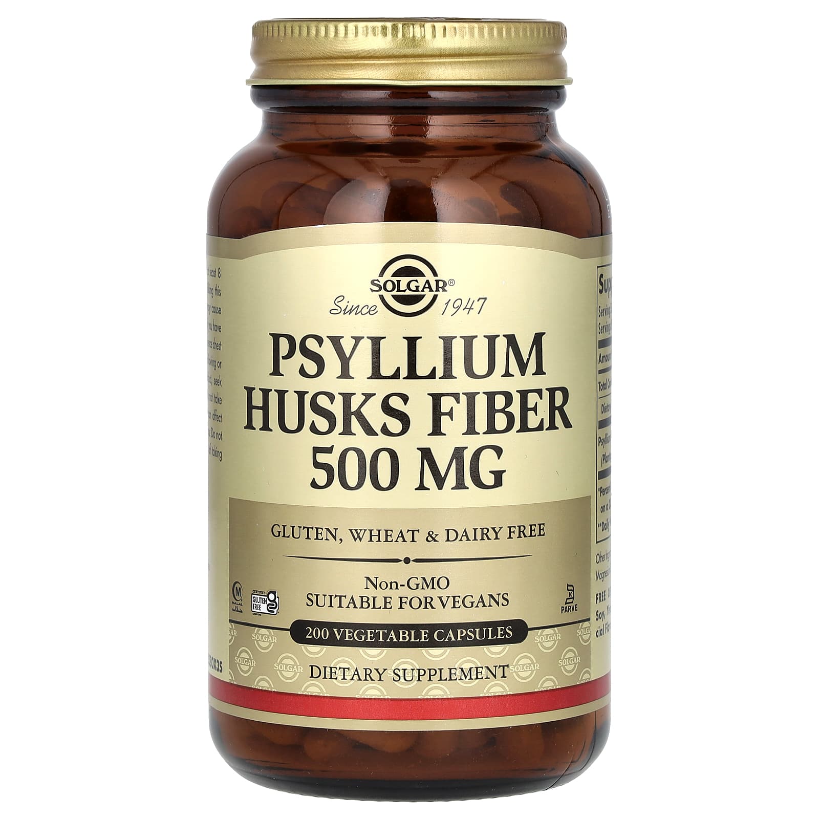 Псиліум (лушпиння подорожника), Solgar Psyllium Husks Fiber, 500 мг, 200 вегетаріанських капсул