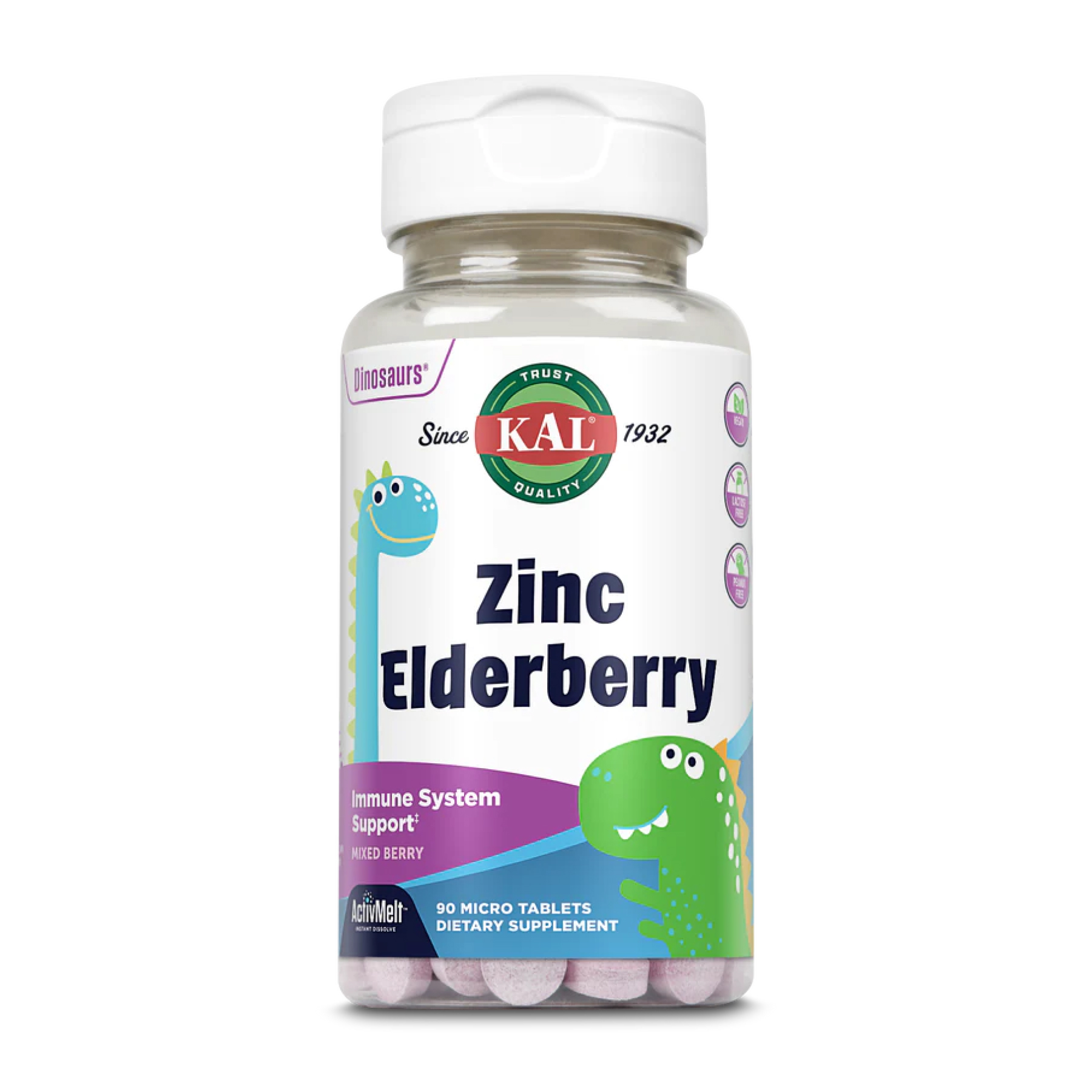 Цинк з бузиною для імунної підтримки, Kal Dinosaurs Zinc Elderberry ActivMelt, 5 мг, 90 таблеток (Ягода)