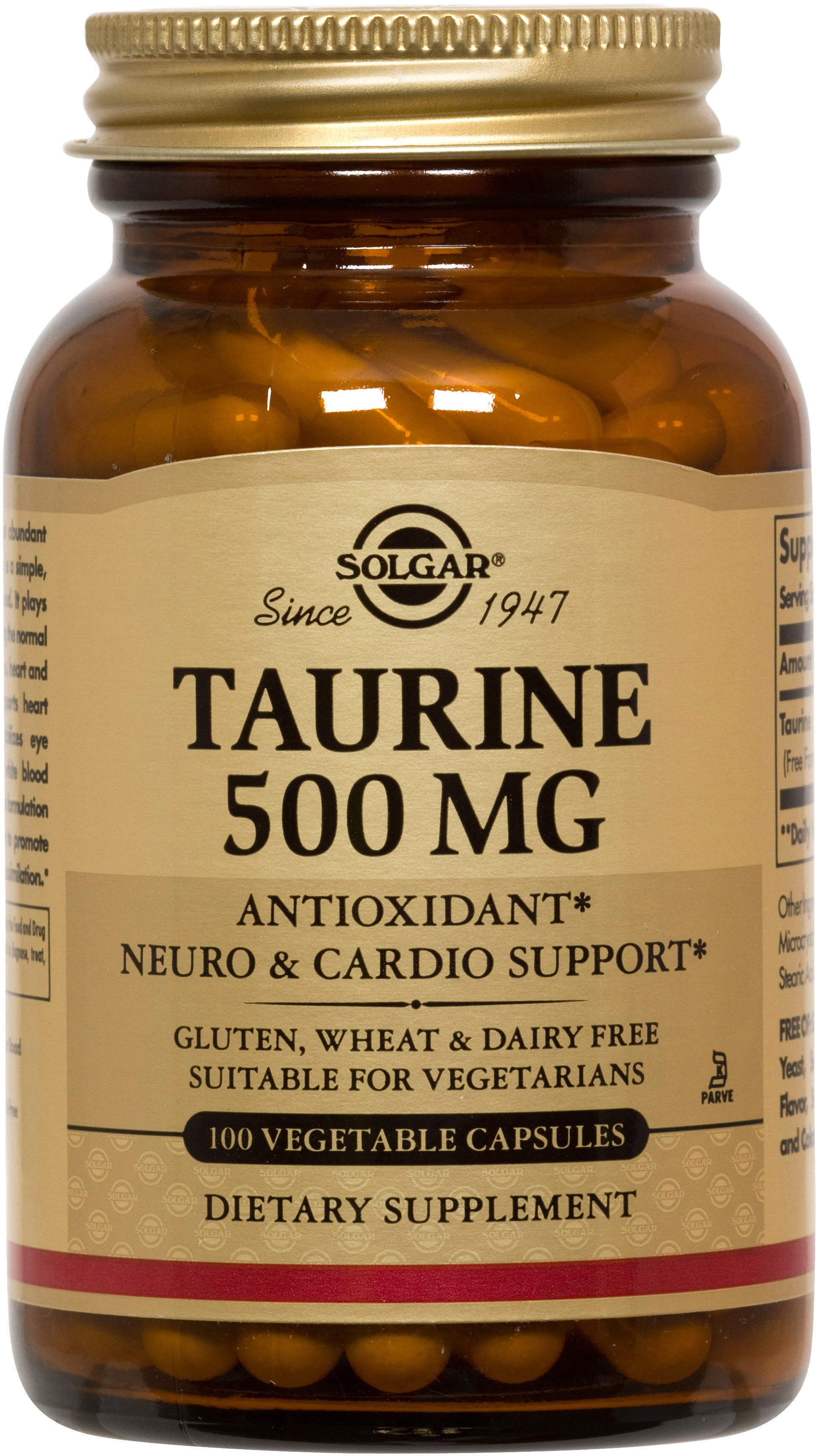 Таурин, Solgar Taurine, 500 мг, 100 вегетаріанських капсул