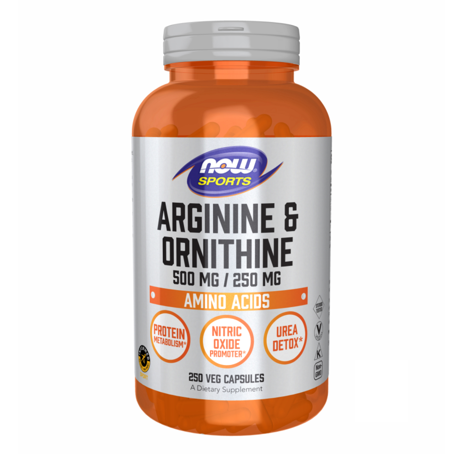Аргінін та орнітин, Now Foods Arginine/Ornithine, 500 мг, 250 вегетаріанських капсул