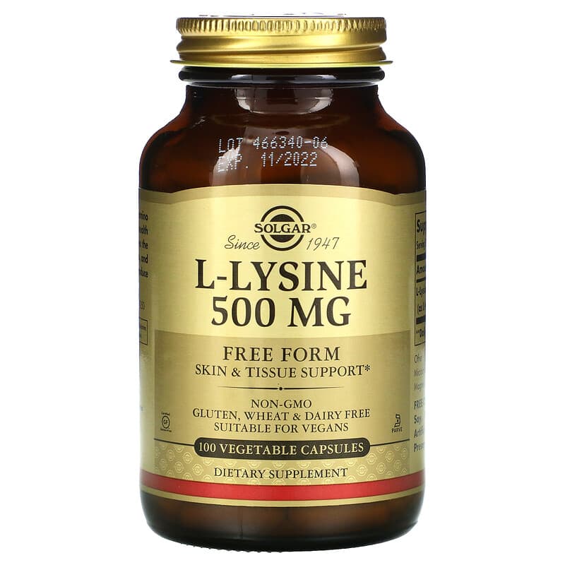 L-лізин, Solgar L-Lysine Free Form, 500 мг, 100 вегетаріанських капсул