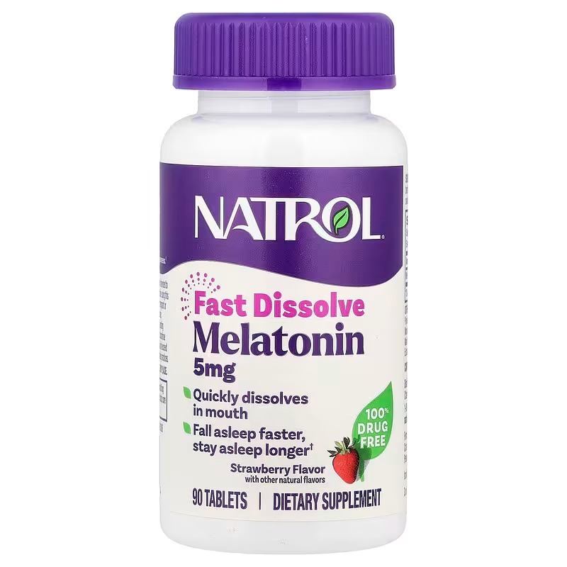 Мелатонін, Melatonin, Natrol, швидкорозчинний, смак полуниці, 5 мг, 90 таблеток