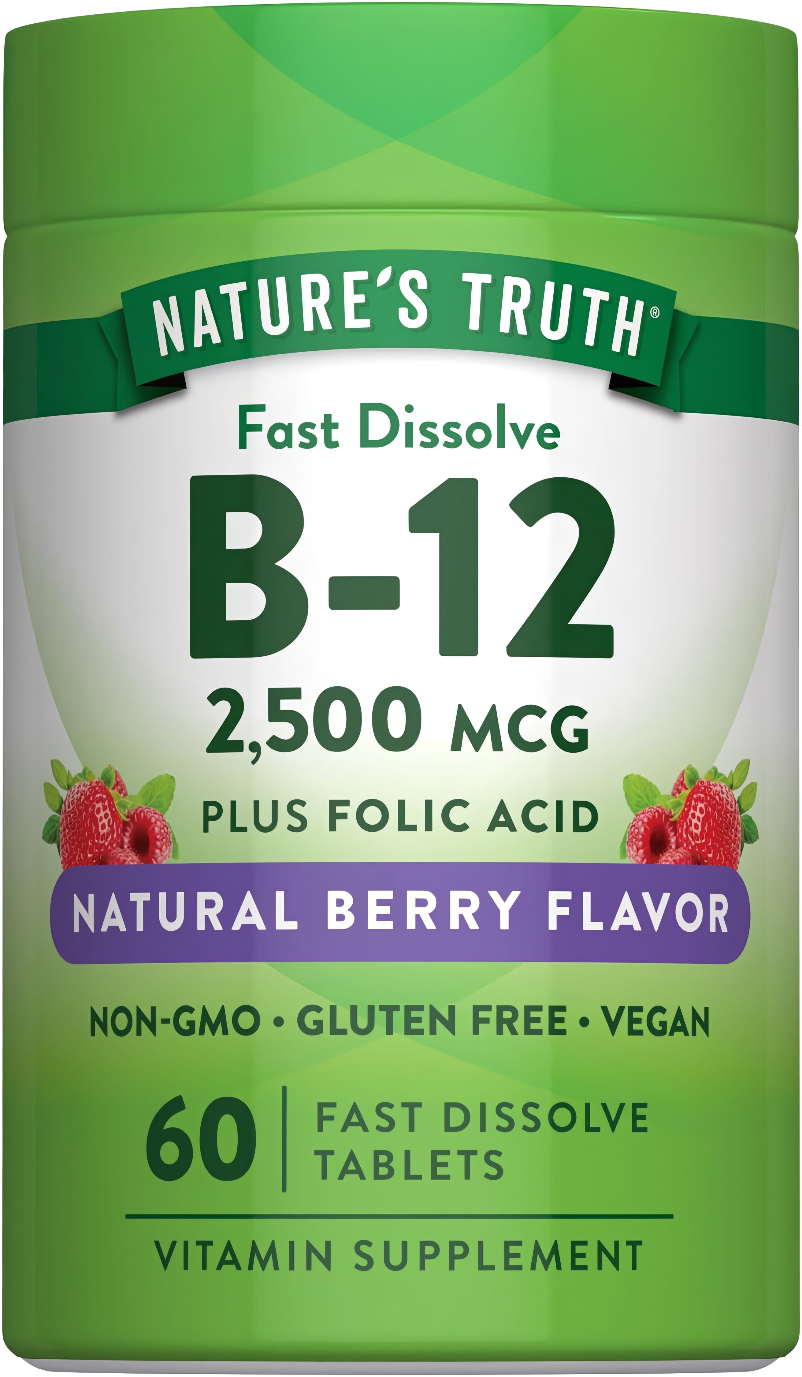 Вітамін B-12 та фолієва кислота, Nature's Truth Vitamin B-12 plus Folic Acid, 2500 мкг, 60 таблеток (ягоди)