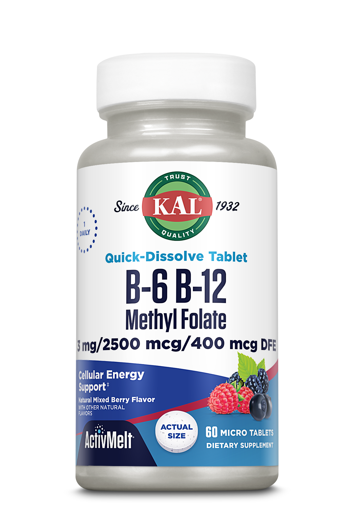 Вітаміни B6, B12 та метилфолат, Kal B6 B12 Methyl Folate ActivMelt, 3 мг, 60 таблеток (Ягідний мікс)