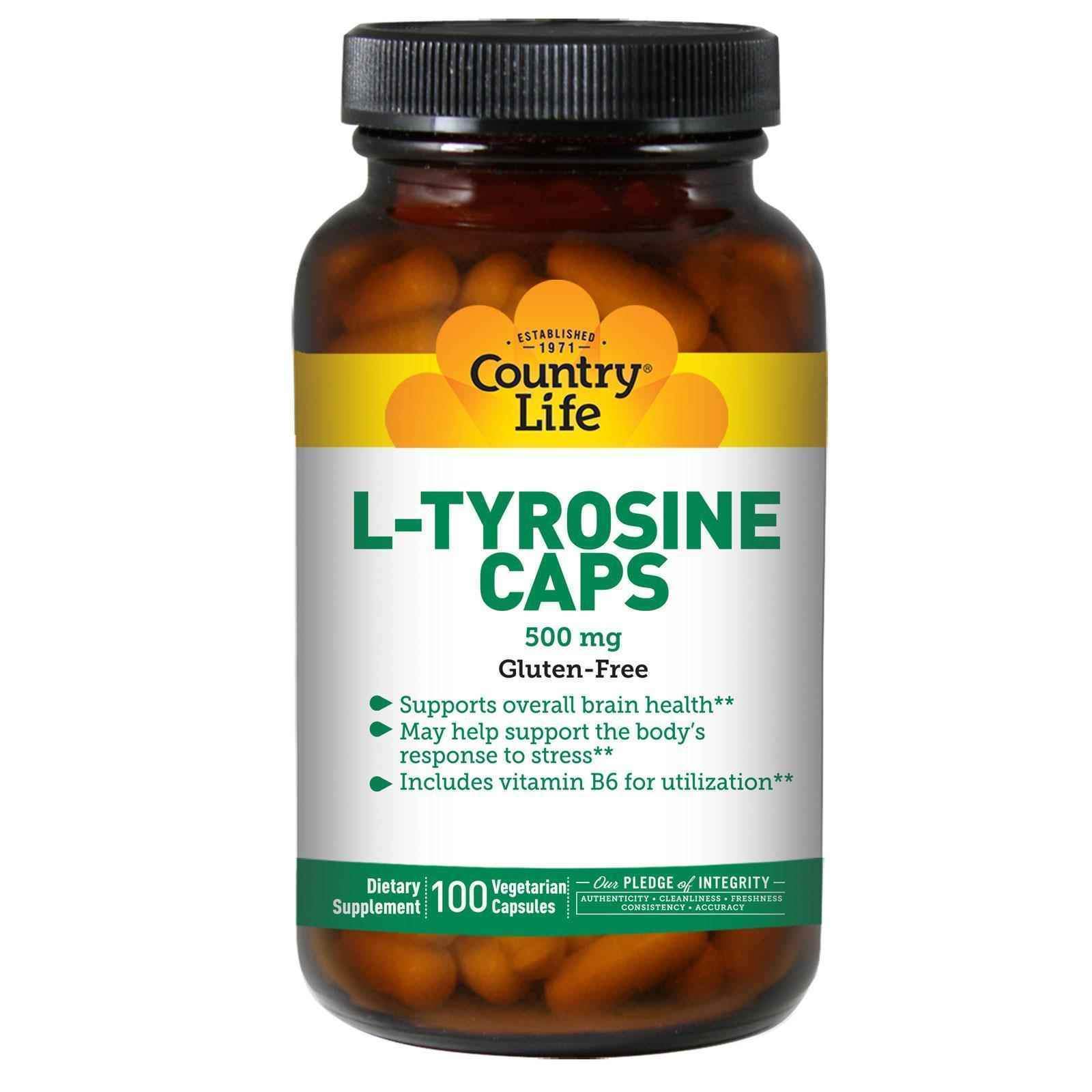 L-тирозин, Country Life L-Tyrosine, 500 мг, 100 вегетаріанських капсул