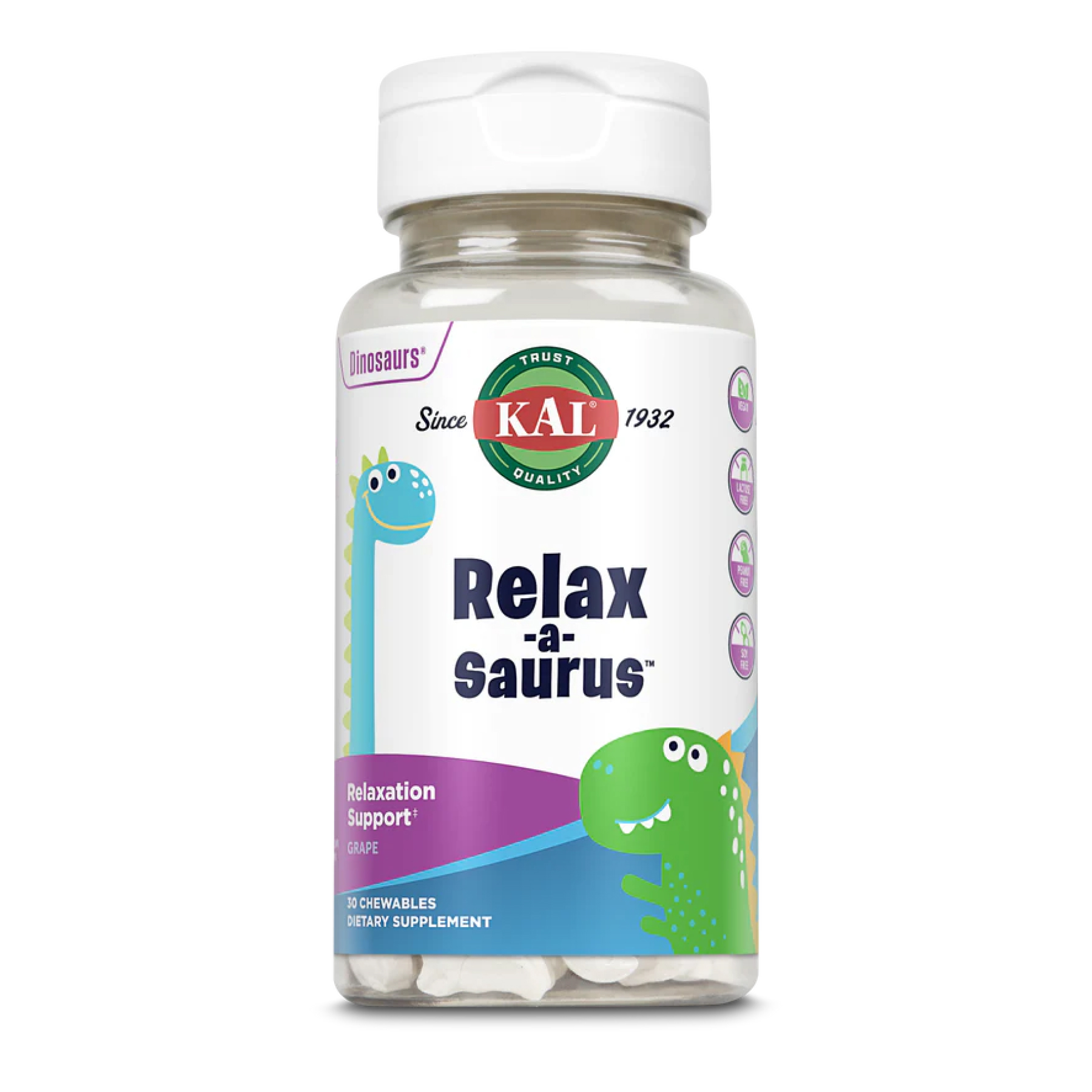 L-теанін для підтримки при стресі, Kal Relax-a-Saurus Stress Support for Kids L-Theanine, 30 жувальних таблеток (Виноград)