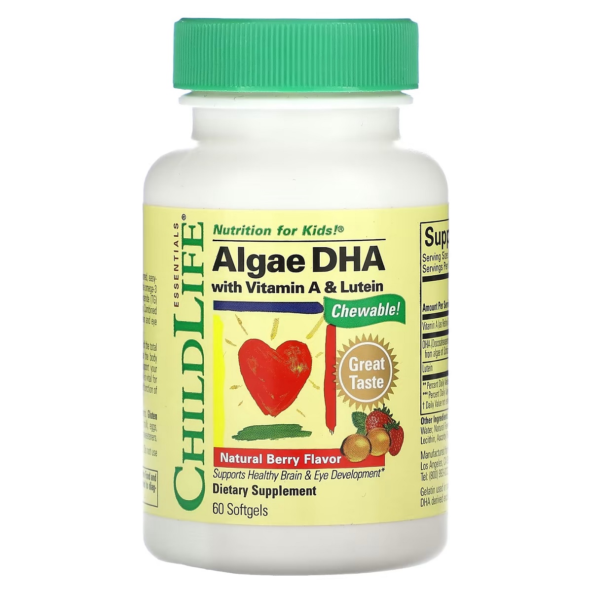 Дитячий DHA з вітаміном А та лютеїном, ChildLife Algae DHA with Vitamin A & Lutein, 60 м'яких капсул (Ягоди)
