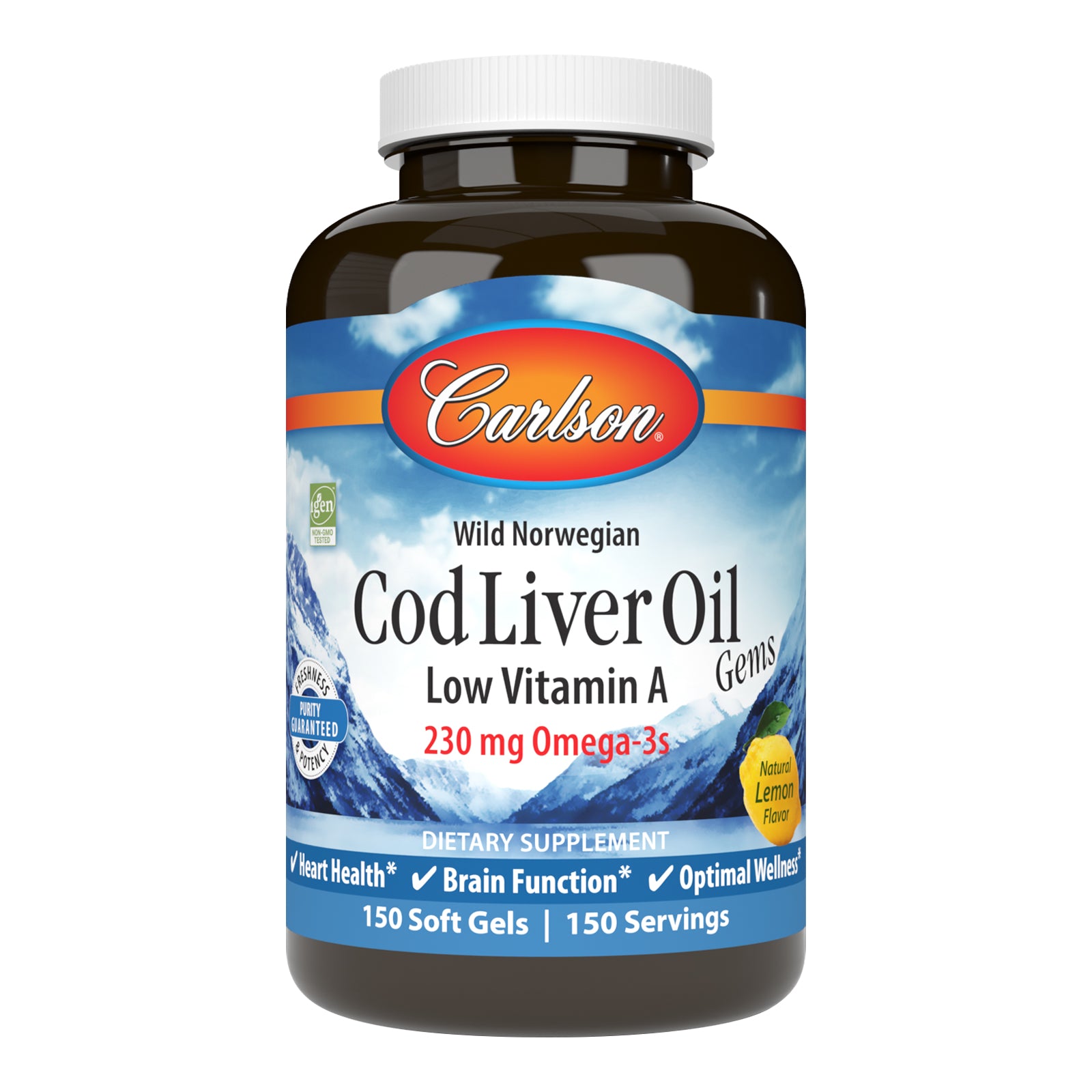 Риб'ячий жир з печінки тріски, Carlson Labs Wild Norwegian Cod Liver Oil Gems Low Vitamin A, 230 мг, 150 м'яких капсул (лимон)
