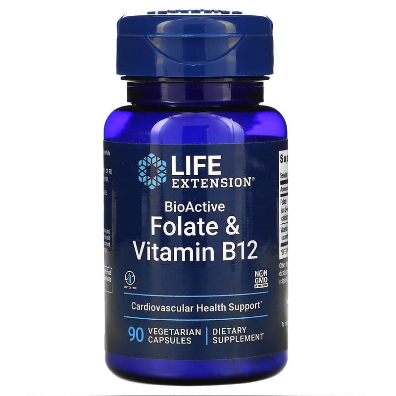 Фолат та вітамін B12, Life Extension BioActive Folate & Vitamin B12, 90 вегетаріанських капсул