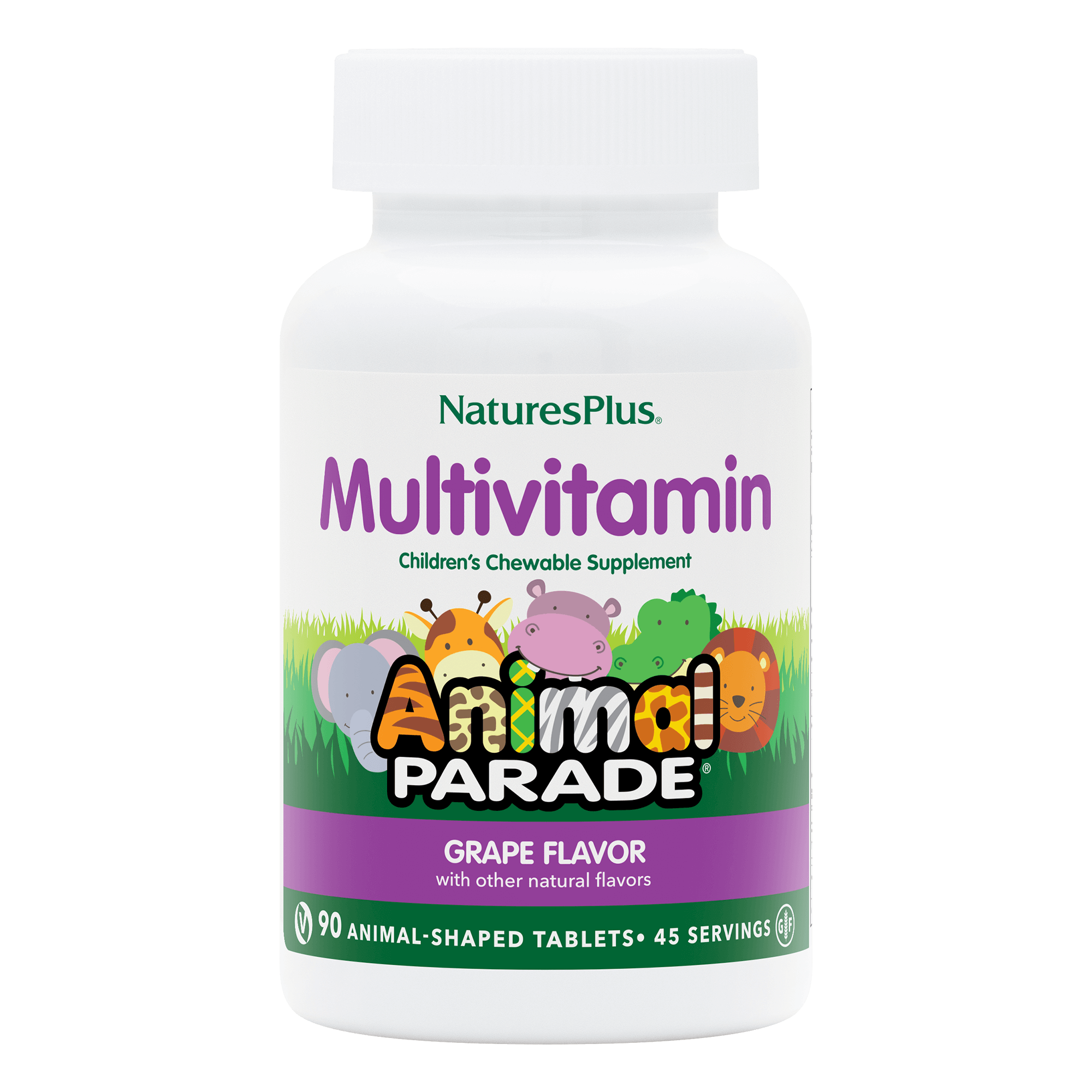 Мультивітаміни та мінерали для дітей, Natures Plus Animal Parade Children's Chewable Multi-Vitamin & Mineral, 90 жувальних таблеток (Виноград)