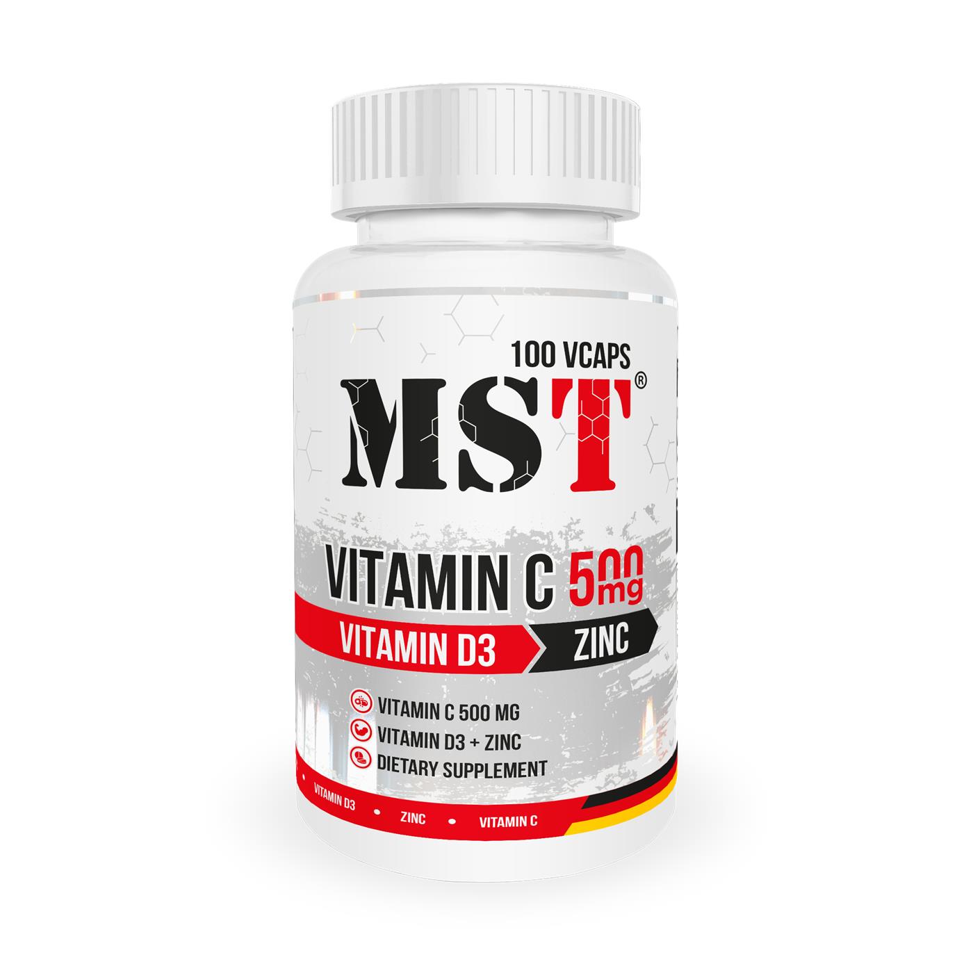 Вітамін C, D3 та цинк, MST Vitamin C 500 mg + Vitamin D3 + Zinc, 100 вегетаріанських капсул