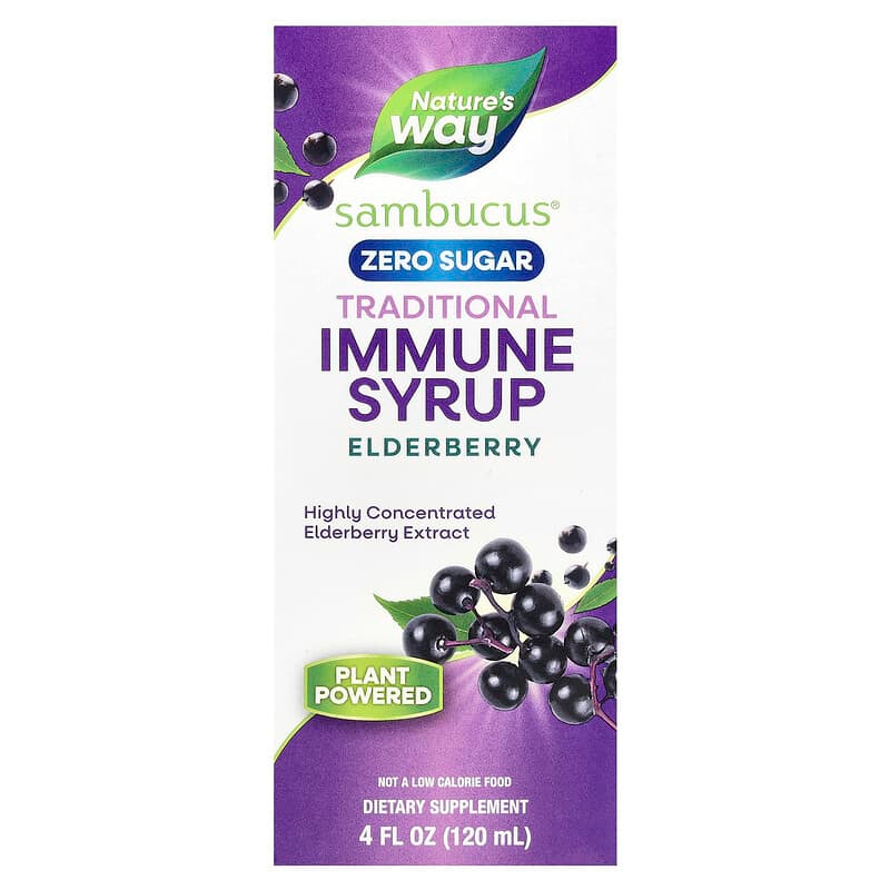 Чорна бузина для підтримки імунітету, Nature's Way Sambucus Traditional Immune Syrup Zero Sugar, 50 мг, 120 мл