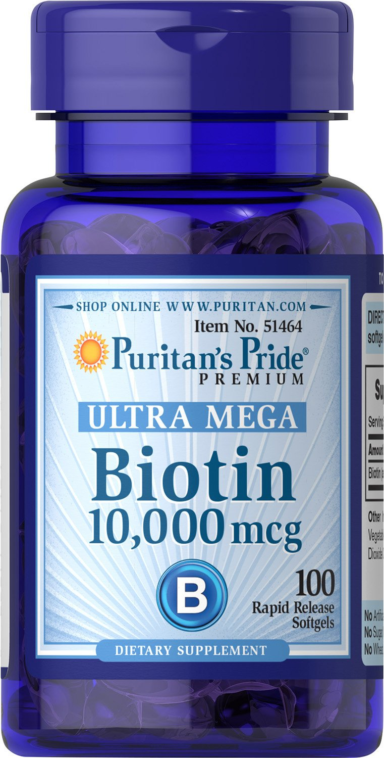 Біотин, Puritan's Pride Biotin, 10000 мкг, 100 м'яких капсул