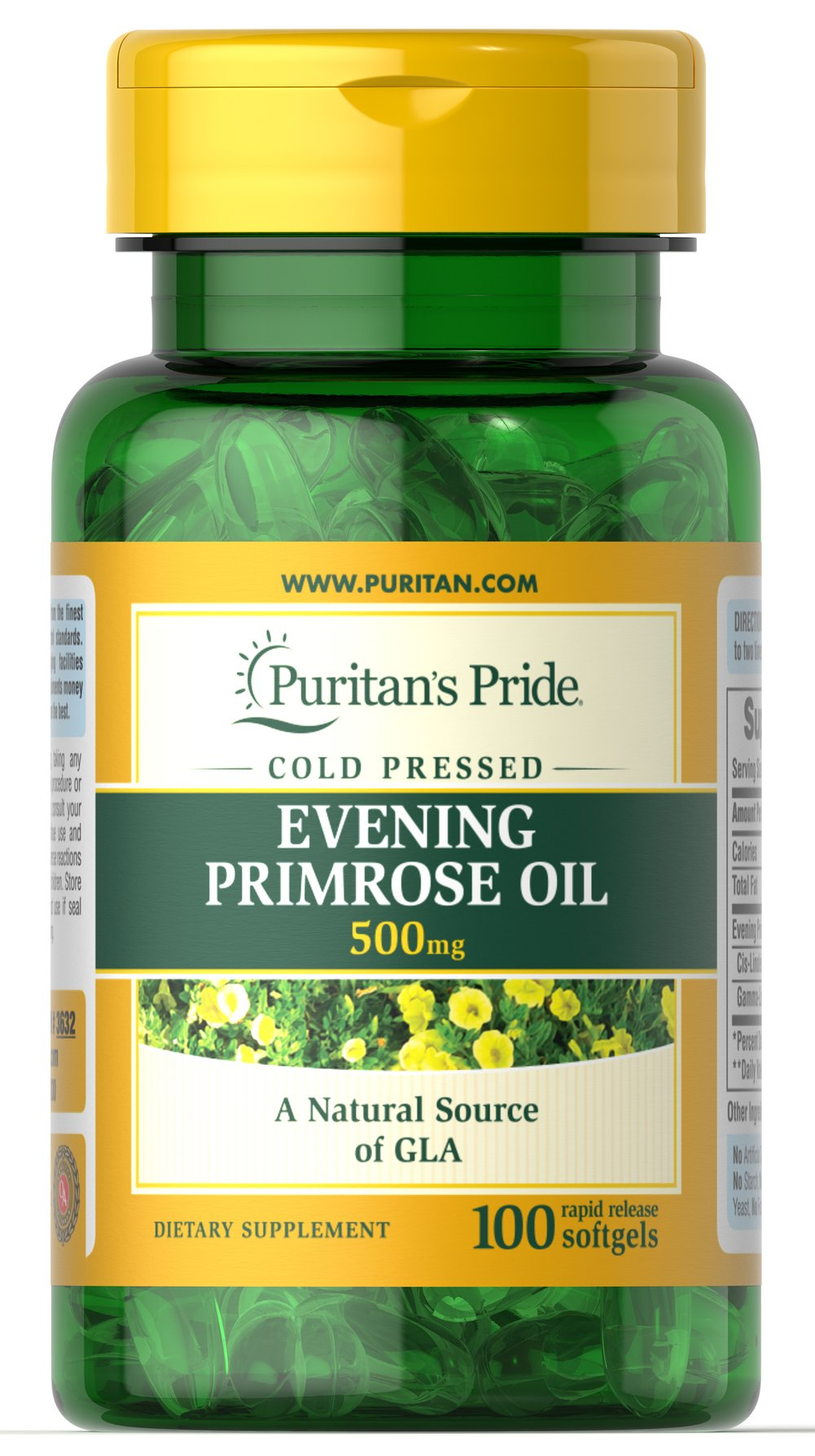 Олія вечірньої примули з ГЛК, Puritan's Pride Evening Primrose Oil with GLA, 500 мг, 100 м'яких капсул
