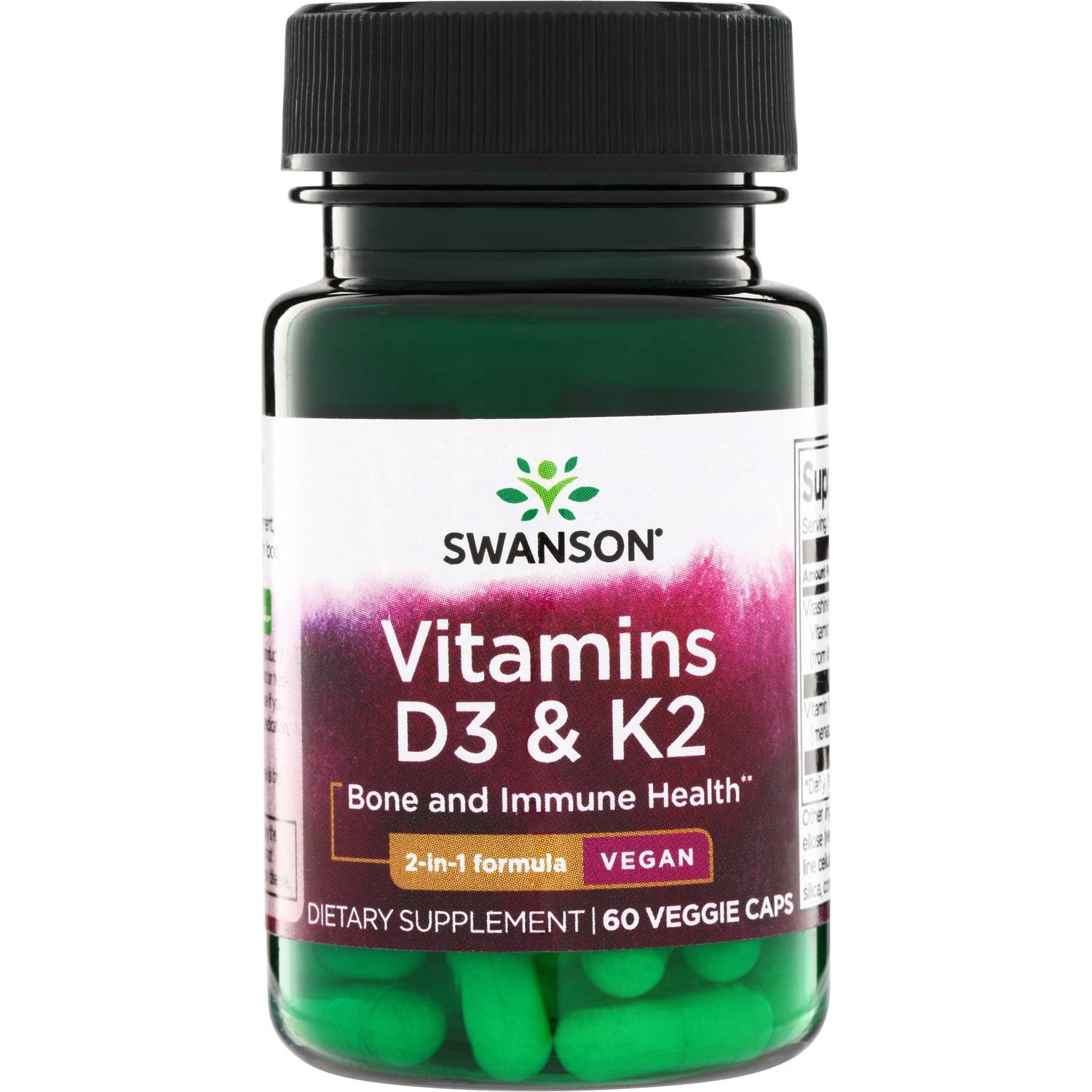 Вітаміни D3 та K2 для здоров'я кісток, Swanson Vitamins D3 & K2, 2000 МО, 60 вегетаріанських капсул