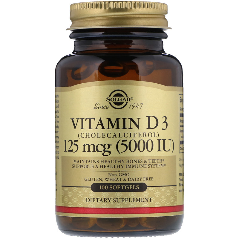 Вітамін D3, Solgar Vitamin D3, 5000 МО, 100 м'яких капсул