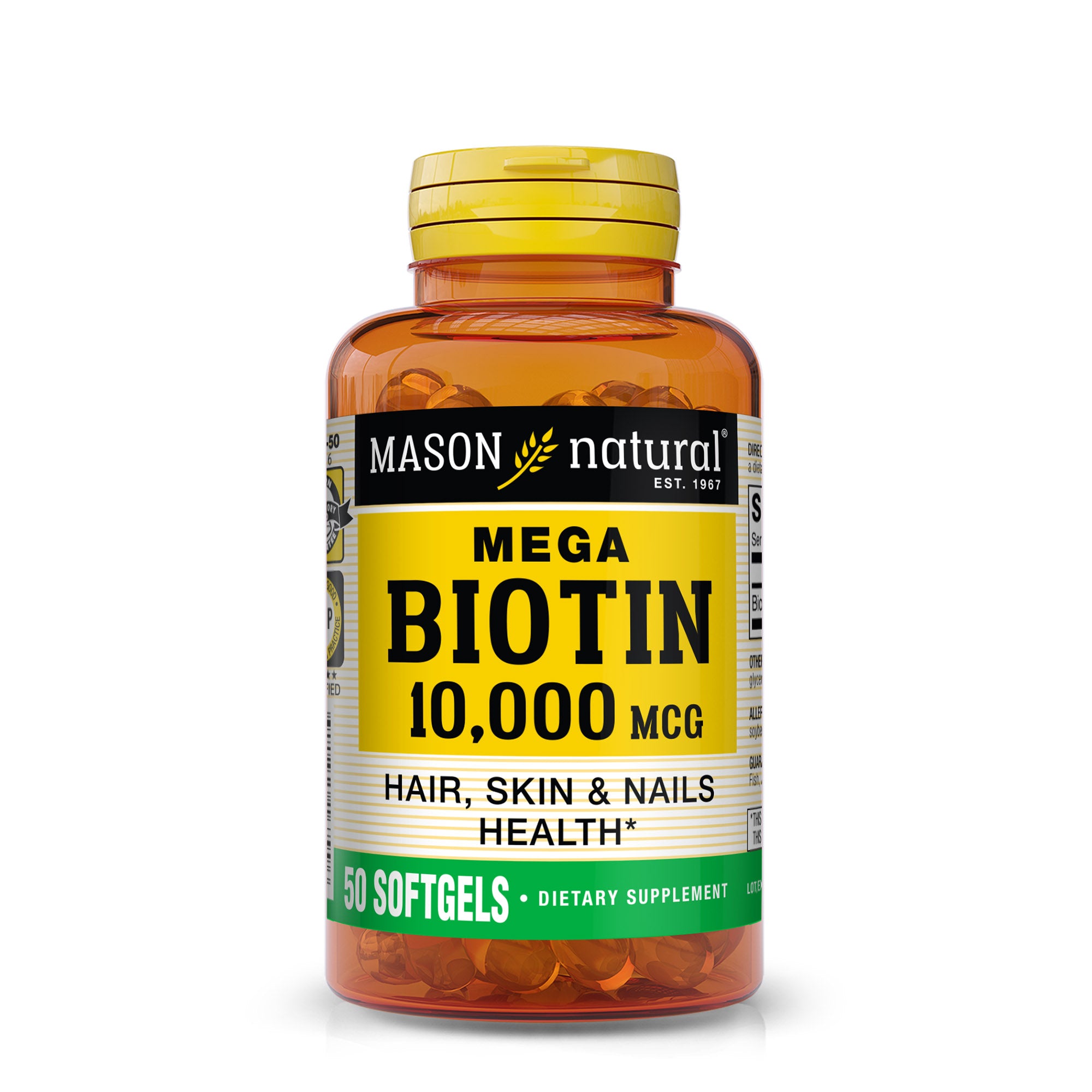 Біотин для здоров'я волосся та шкіри, Mason Natural Mega Biotin, 10000 мкг, 50 м'яких капсул