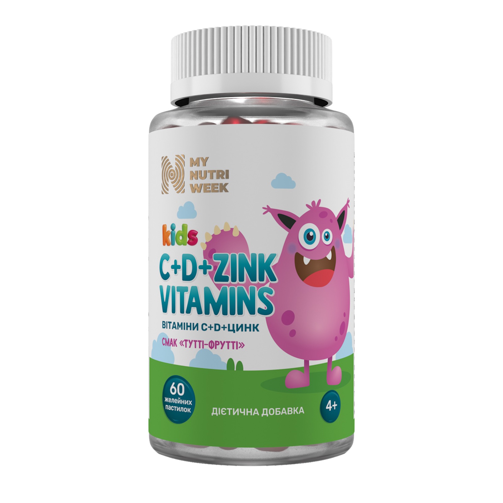 Вітаміни С, D та Цинк для дітей, My Nutri Week Kids C+D+Zink Vitamins, 60 жувальних цукерок (тутті-фрутті)