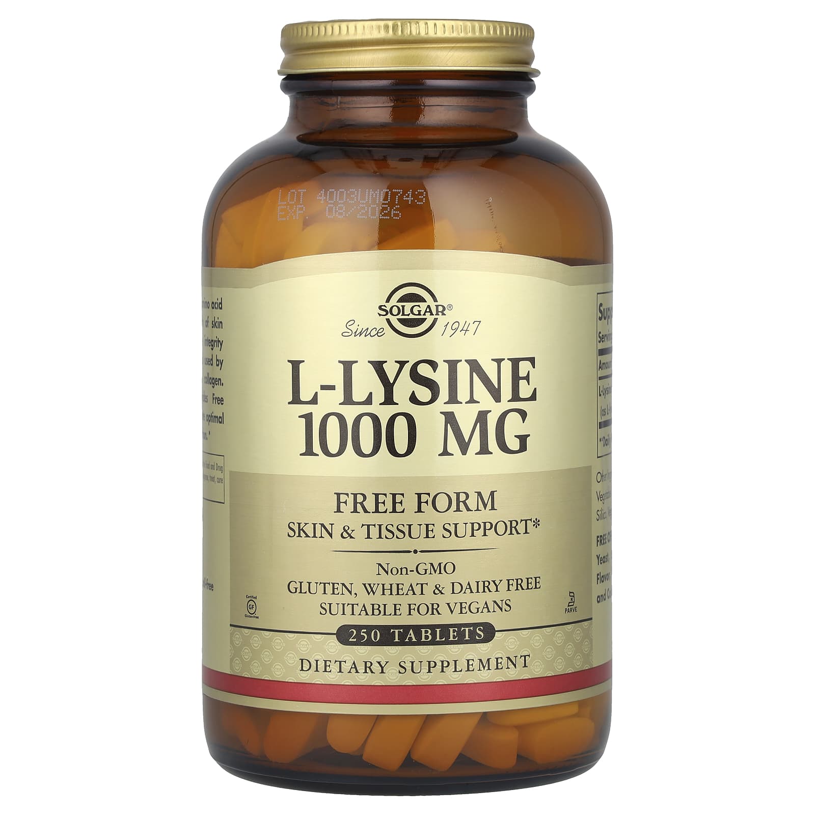 L-лізин, Solgar L-Lysine Free Form, 1000 мг, 250 таблеток