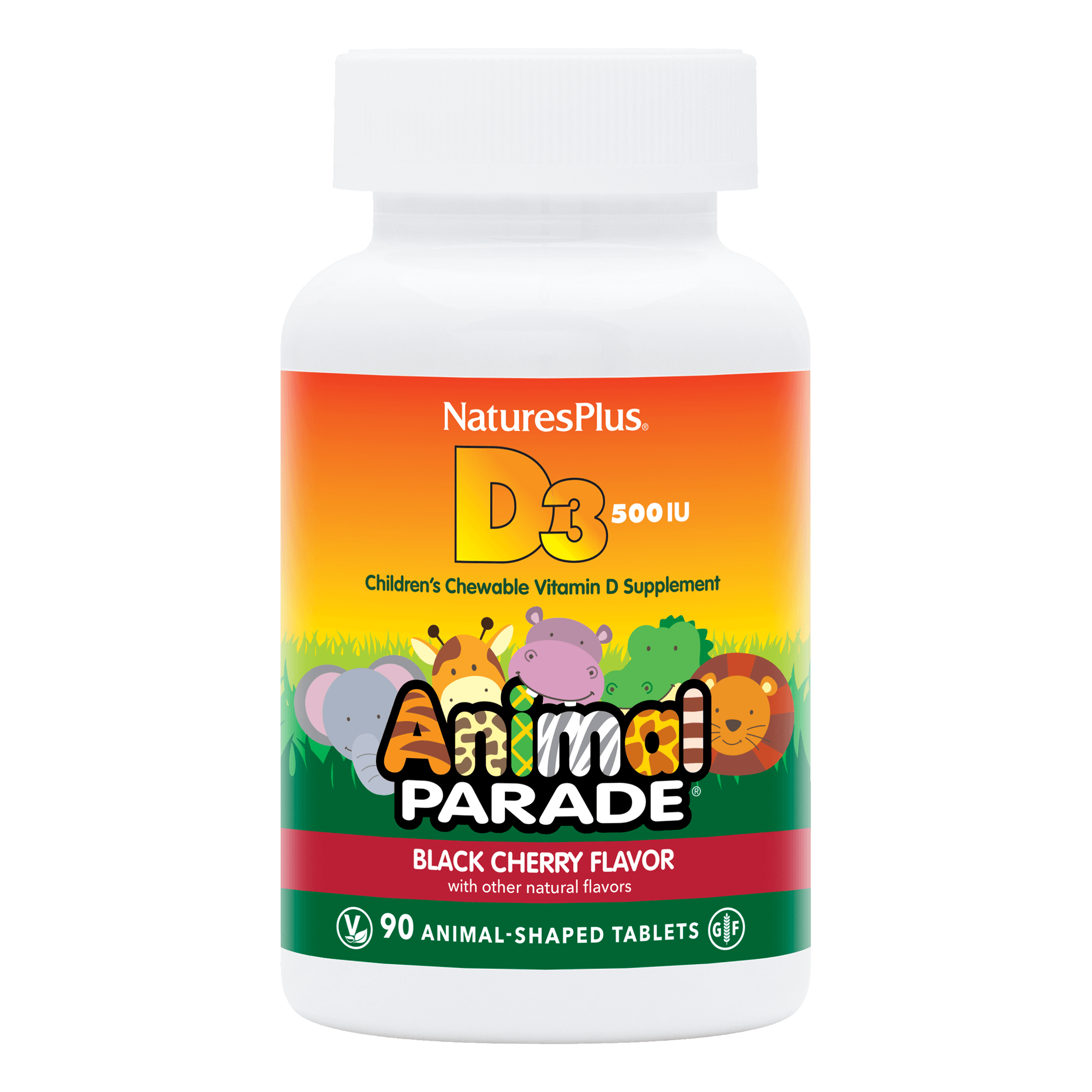 Вітамін D3 для дітей, Natures Plus Animal Parade Vitamin D3, 500 МО, 90 жувальних таблеток (Чорна вишня)