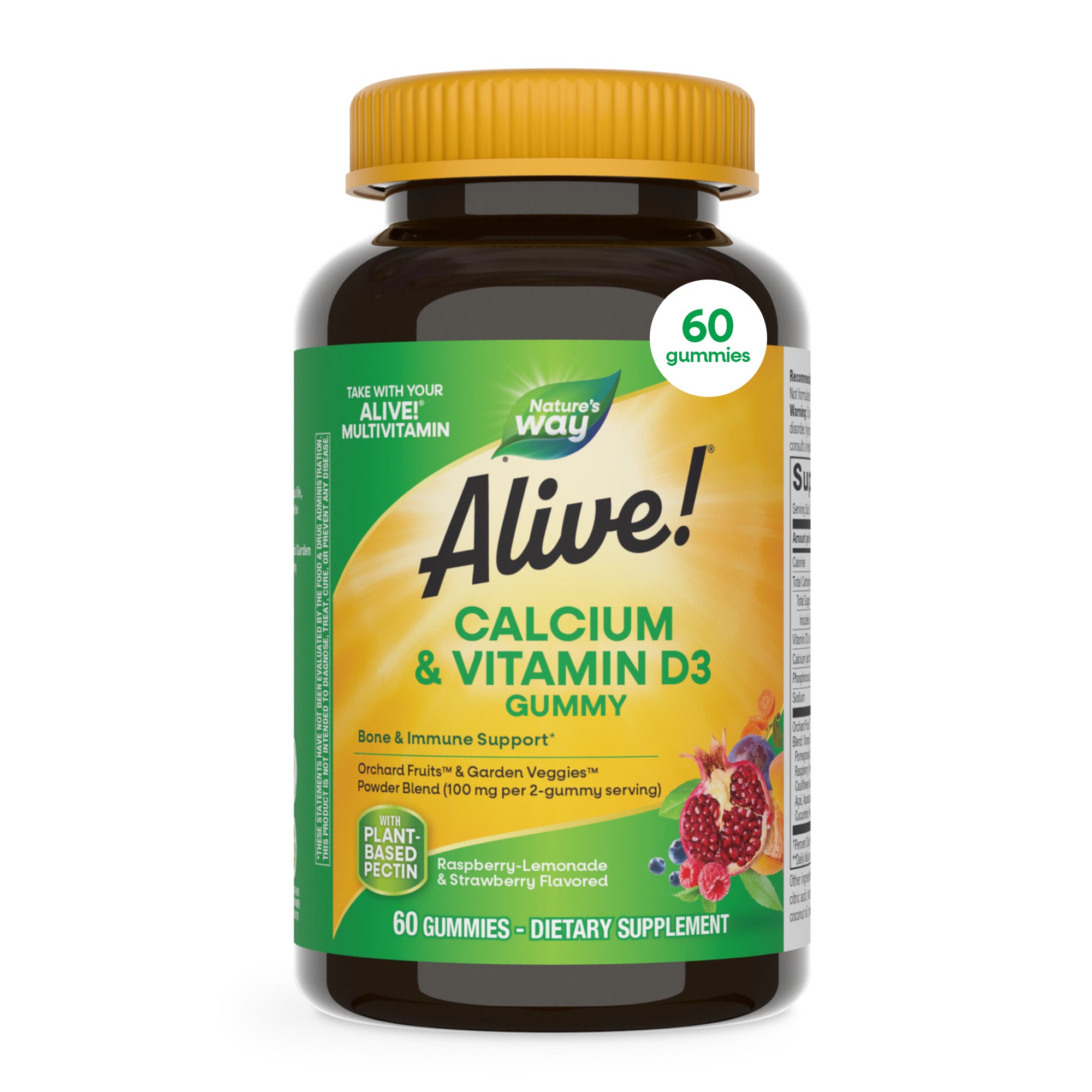 Кальцій та вітамін D3, Nature's Way Alive! Calcium & Vitamin D3 Gummy, 250 мг, 60 жувальних цукерок (малина-лимонад, полуниця, вишня)