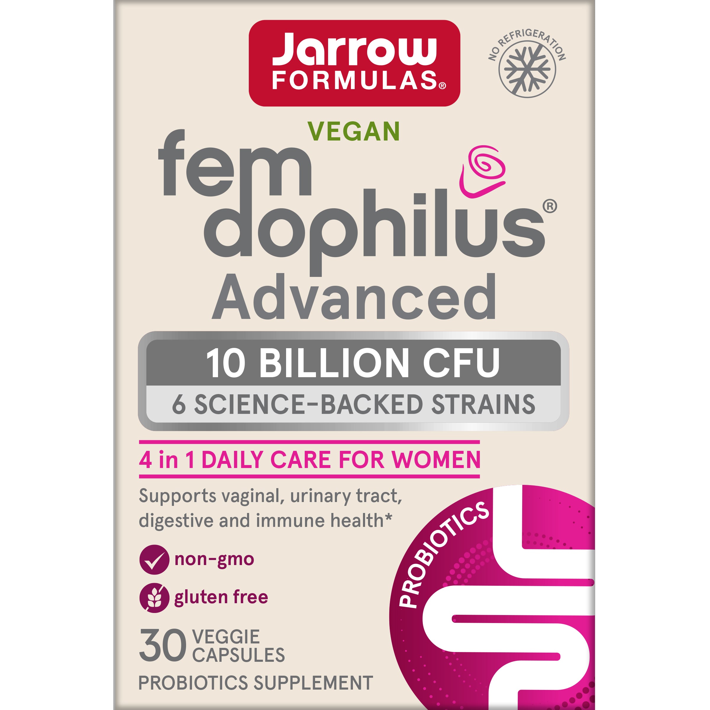Пробіотики для жінок, Jarrow Formulas Vegan Fem Dophilus Advanced, 10 млрд КУО, 30 капсул
