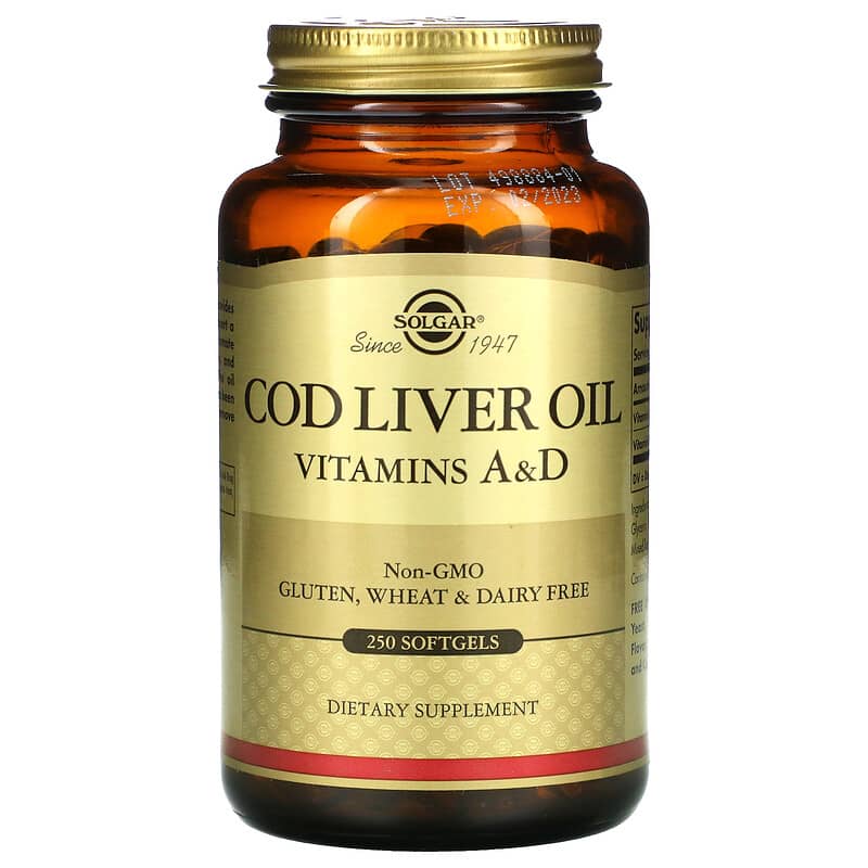 Вітамін А та D з олії печінки тріски, Solgar Cod Liver Oil, Vitamins A & D, 250 м'яких капсул