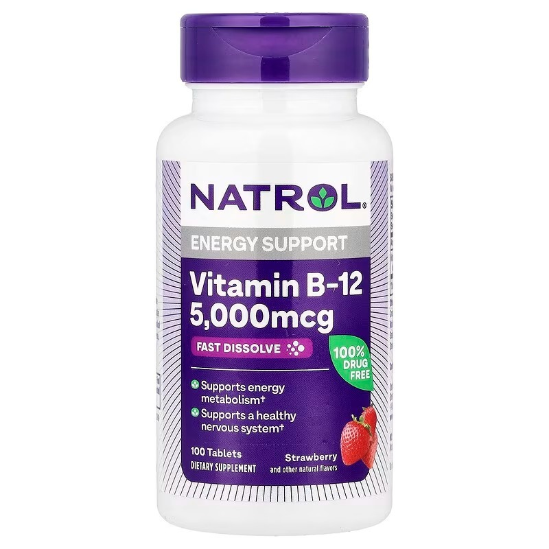 Вітамін B12, Natrol Vitamin B-12 Fast Dissolve, 5000 мкг, 100 таблеток (полуниця)