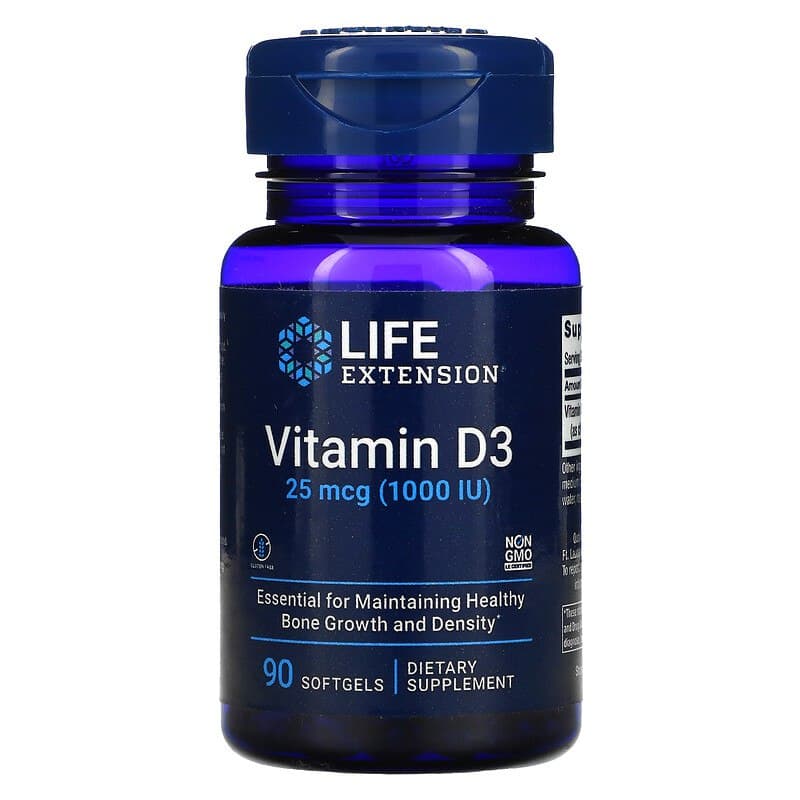 Вітамін D3, Life Extension Vitamin D3, 1000 МО, 90 м'яких капсул
