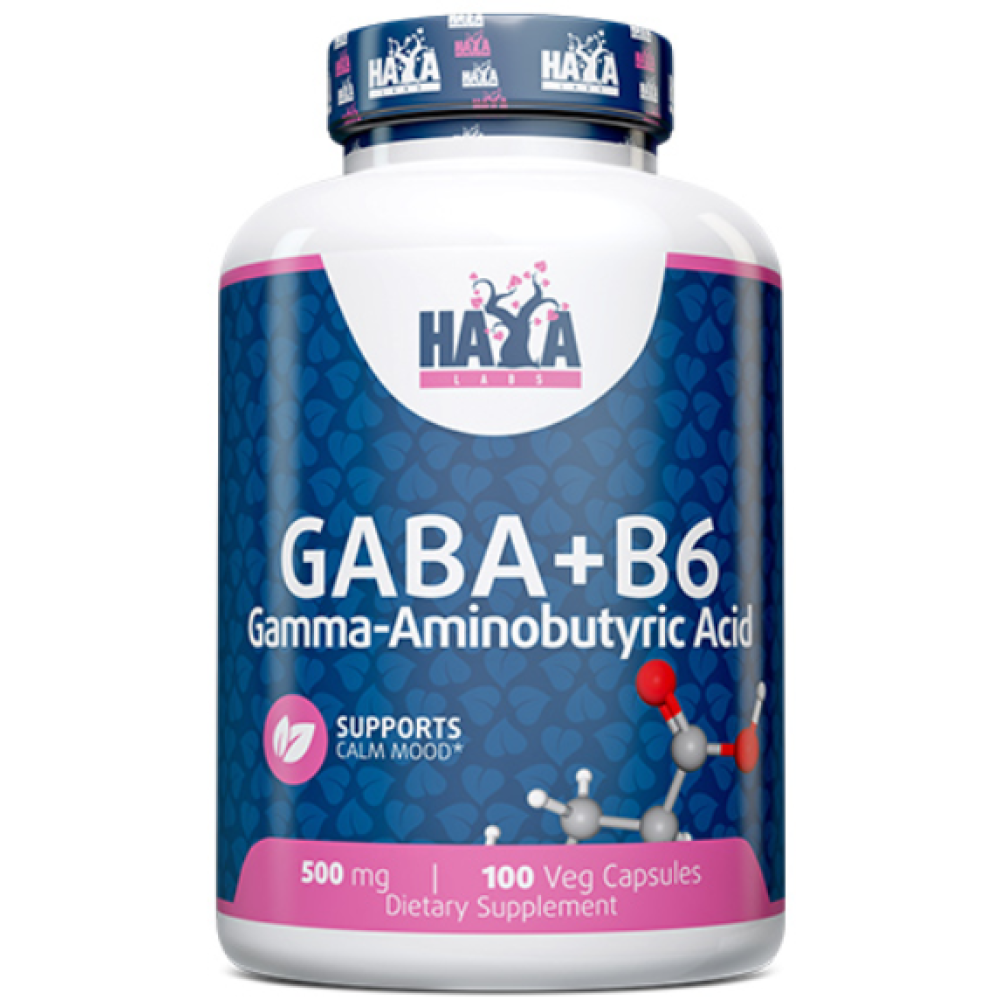 ГАМК та вітамін B6, Haya Labs Gaba + B6, 500 мг, 100 вегетаріанських капсул