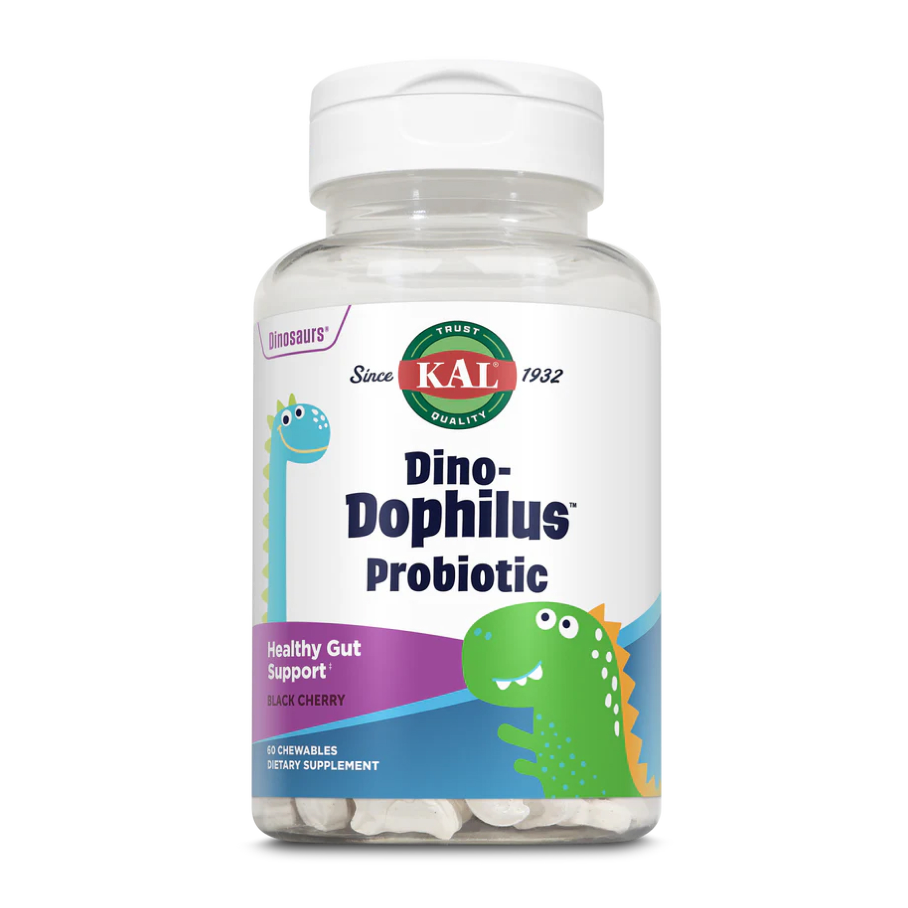 Пробіотики для дітей, Kal Dino-Dophilus, 2 млрд КУО, 60 жувальних таблеток (Чорна вишня)
