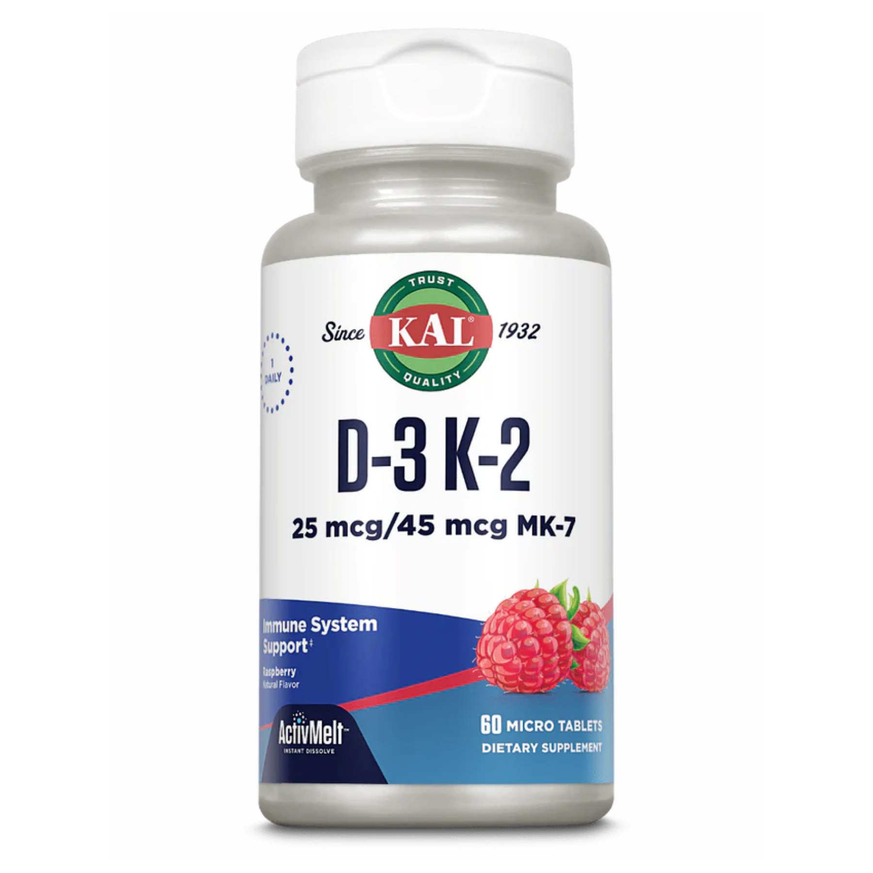 Вітамін D3 та K2, Kal D-3 and K-2 ActivMelt, 1000 МО, 60 таблеток (Малина)