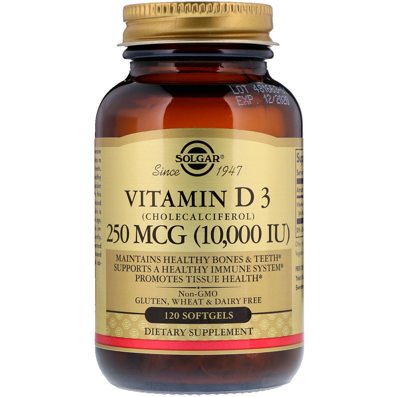 Вітамін D3, Solgar Vitamin D3 (Cholecalciferol), 10000 МО, 120 м'яких капсул