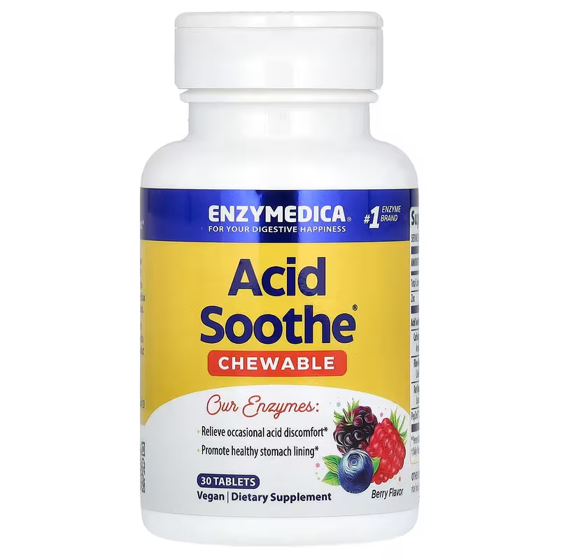 Зниження кислотності шлунка, Acid Soothe, Enzymedica, смак ягід, 30 жувальних таблеток