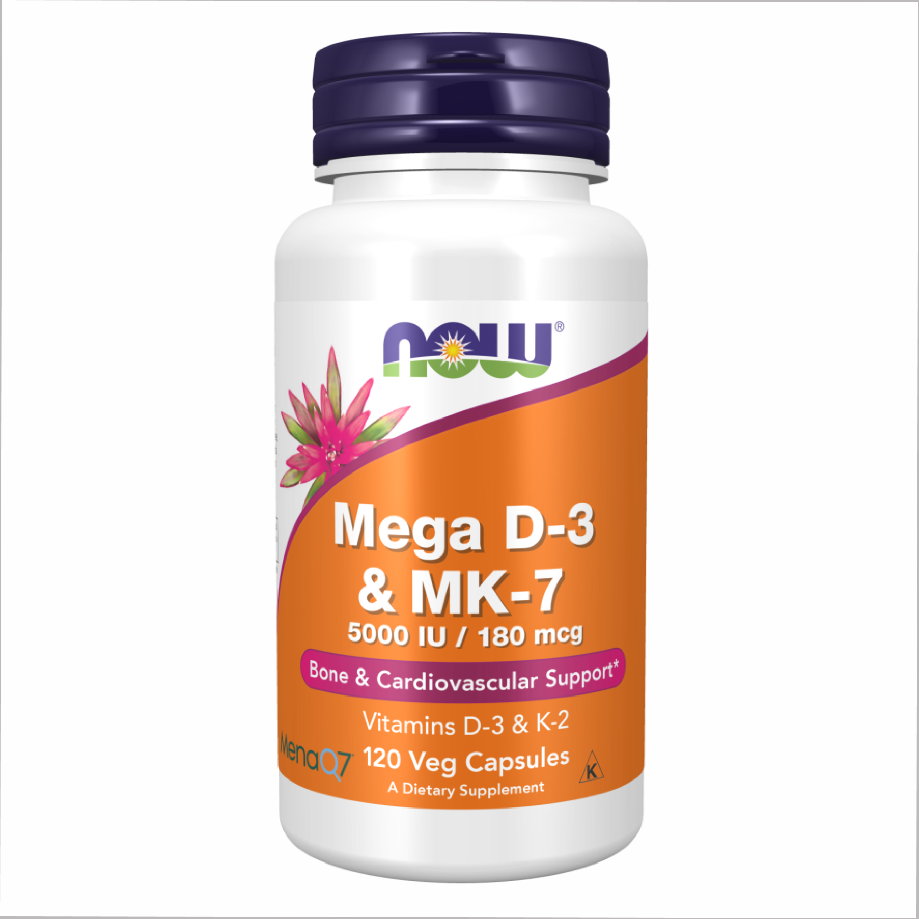 Вітамін D3 та K2 (MK-7), Now Foods MEGA D-3 & MK-7, 120 вегетаріанських капсул